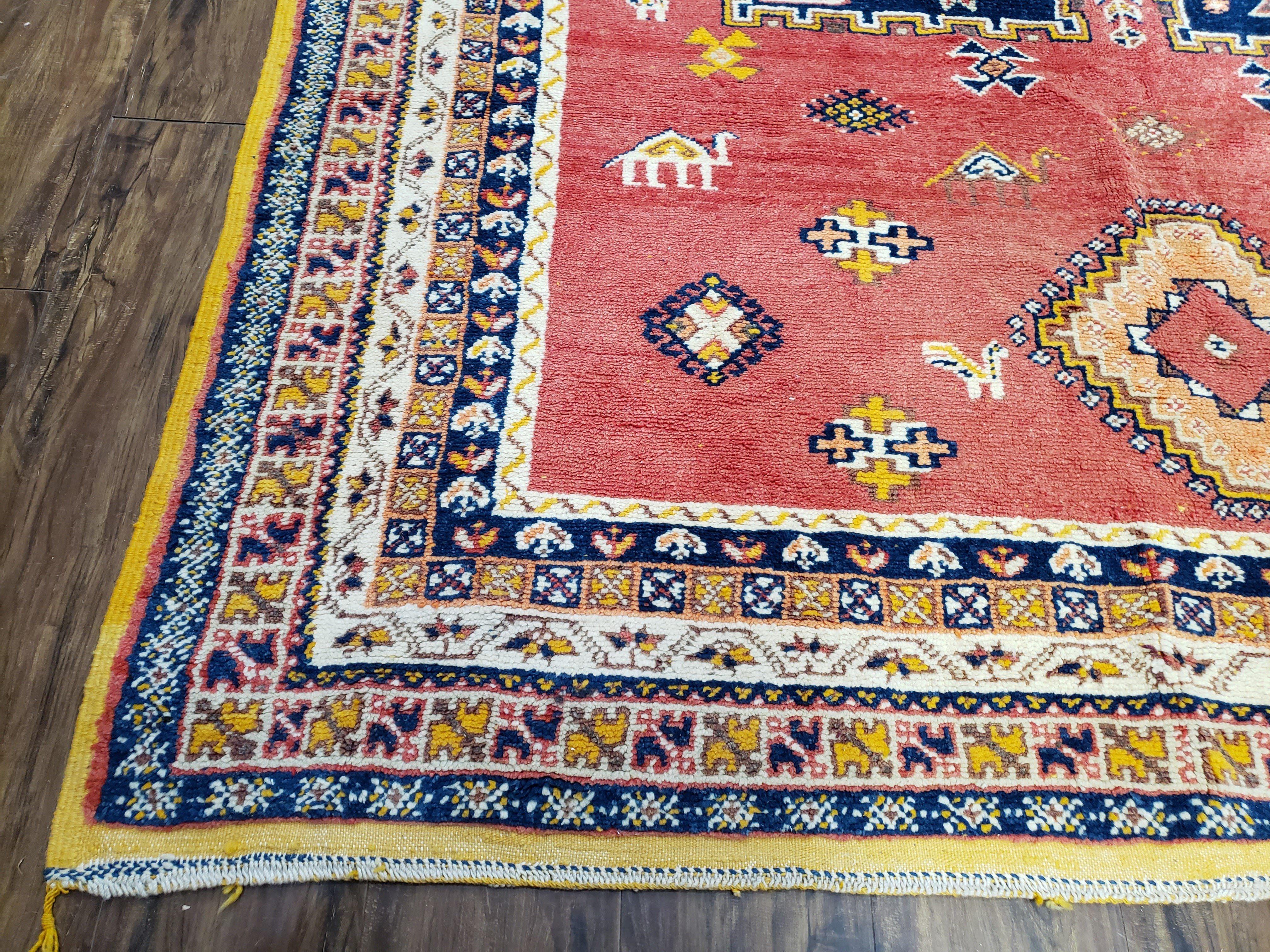 Vintage Moroccan Rug 6.6 x 9.8 ft, Tribal Bohemian Wool Hand-Knotted Carpet, 1950s Moroccan Rug, Salmon Red and Navy Blue, Room Sized Rug - Jewel Rugs