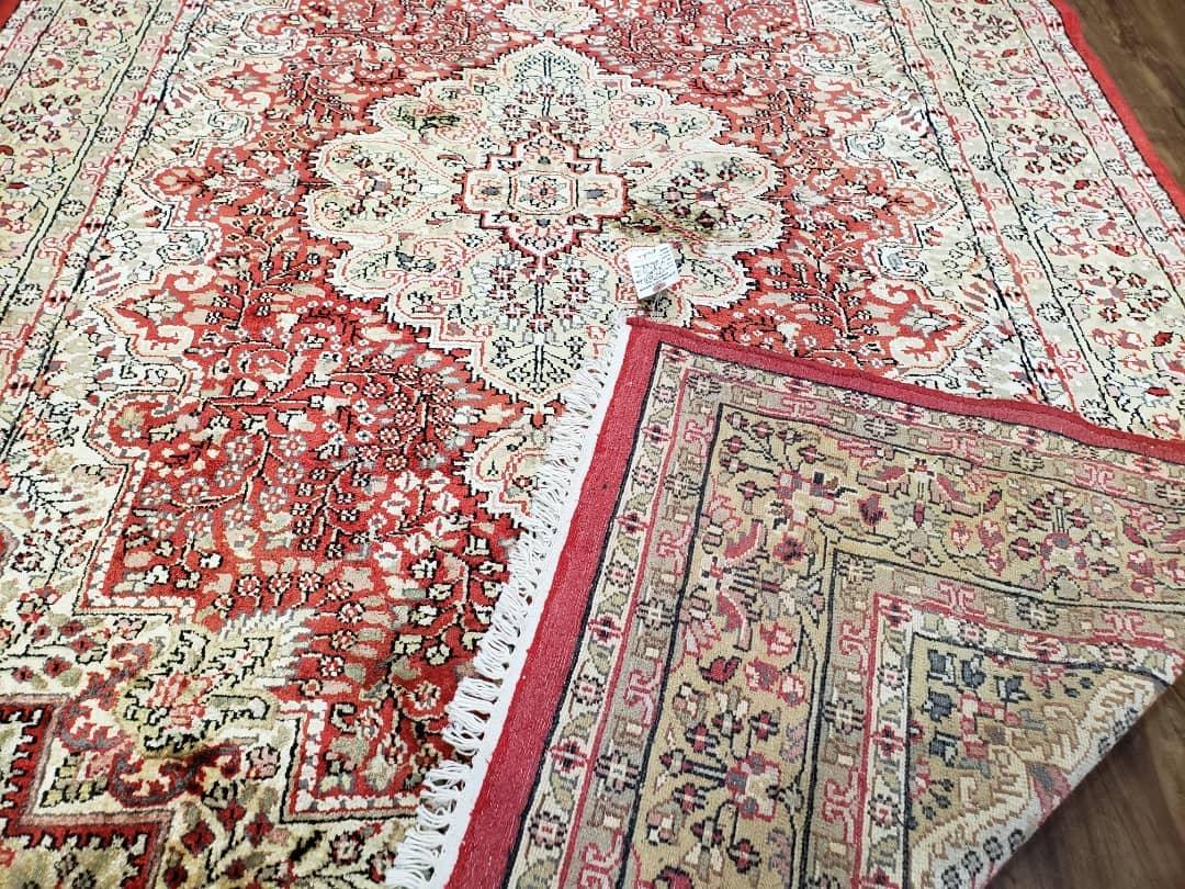 Vintage Kashmiri Silk Rug 5x7, Red & Ivory Hand-Knotted Silk Carpet, Silk Oriental Rug 5 x 7, Traditional Indian Kashmiri Fine Area Rug - Jewel Rugs