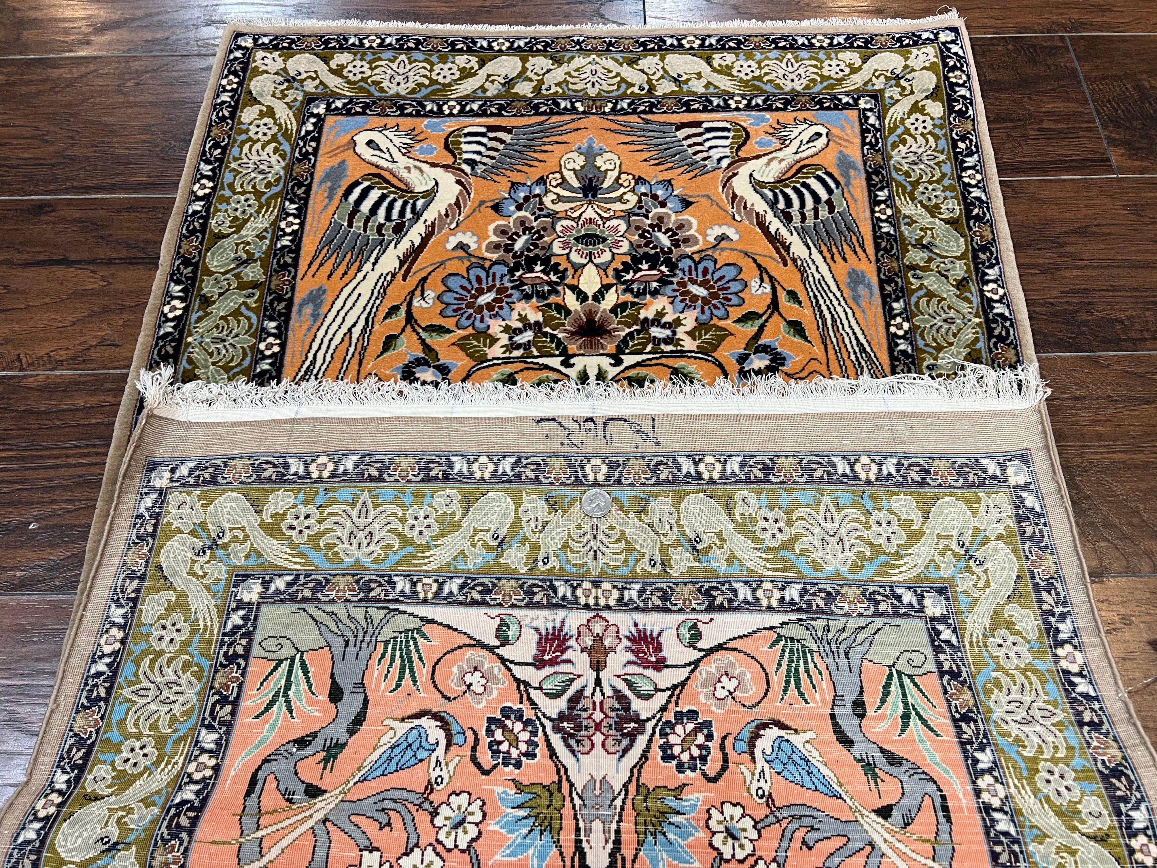 Very Fine Small Persian Isfahan Rug 2.6 x 4, Kork Wool on Silk Hand-Knotted Vintage Animal Pictorials Birds Vase, Signature Masterweaver, Orange - Jewel Rugs