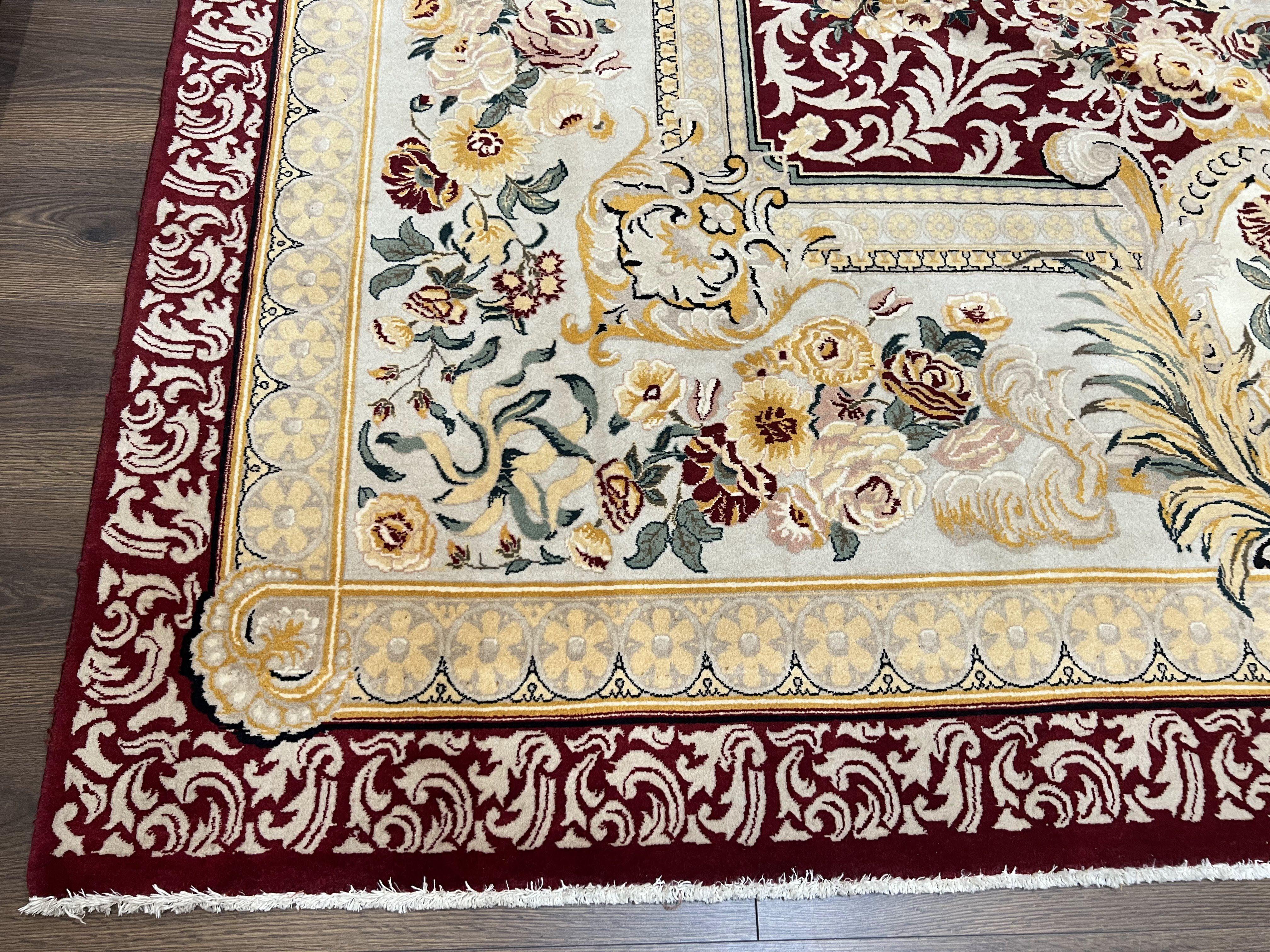 Aubusson Savonnerie Rug 9x12, Vintage French Aubusson Wool Carpet 9 x 12, Burgundy Light Blue Gold, Handmade with Pile Elegant Floral Rug - Jewel Rugs