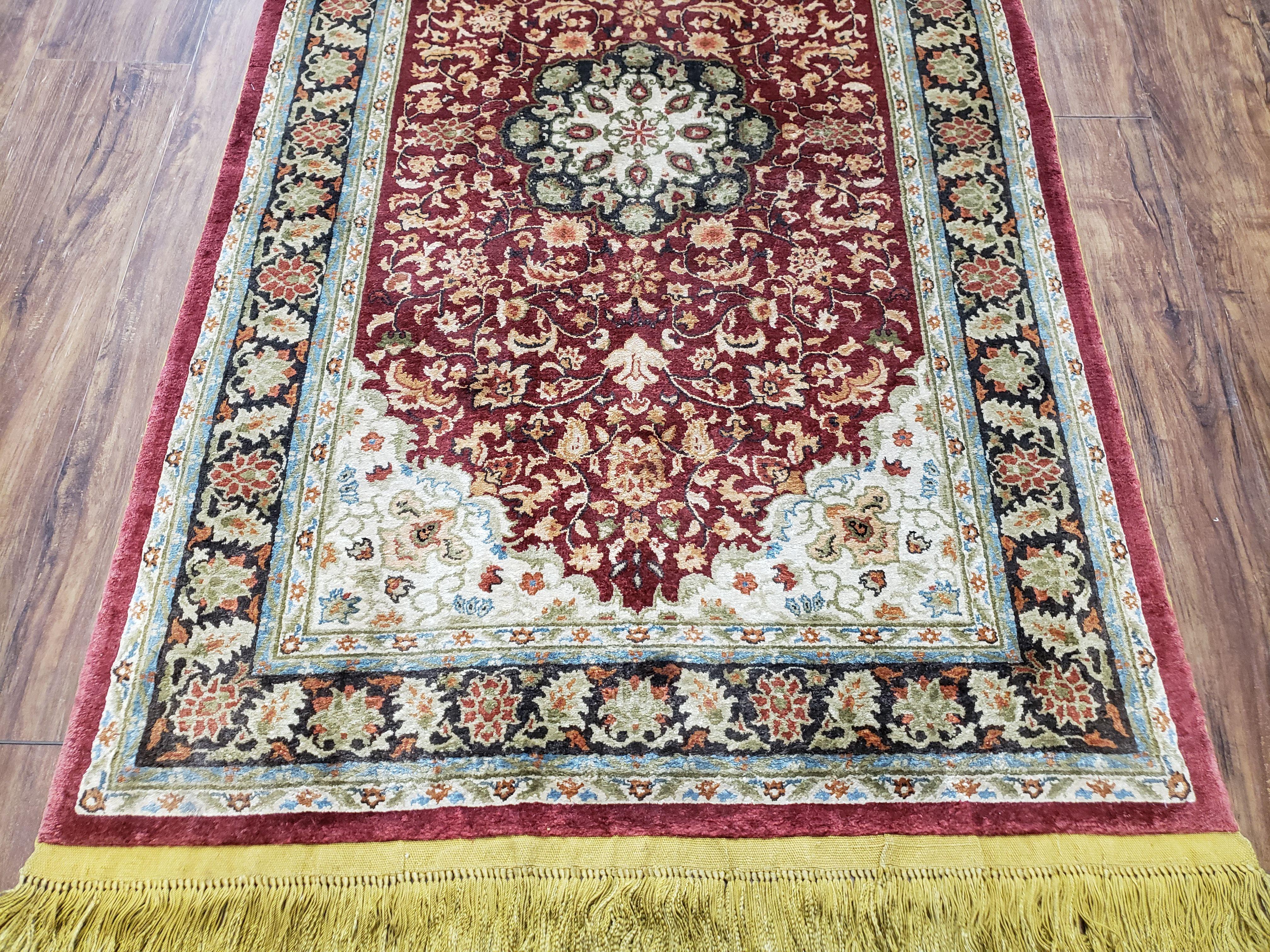 3x5 Silk Hand-Knotted Rug, Silk Oriental Carpet 5 x 3, Red & Ivory, Floral Medallion, Gold Fringes, Semi Antique Vintage Traditional Rug - Jewel Rugs