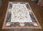 Chinese Aubusson Savonnerie Area Rug 6x8, Vintage Hand-Woven Needlepoint Rug, Flat Weave Handmade Wool Carpet Living Room Ivory & Navy Blue - Jewel Rugs