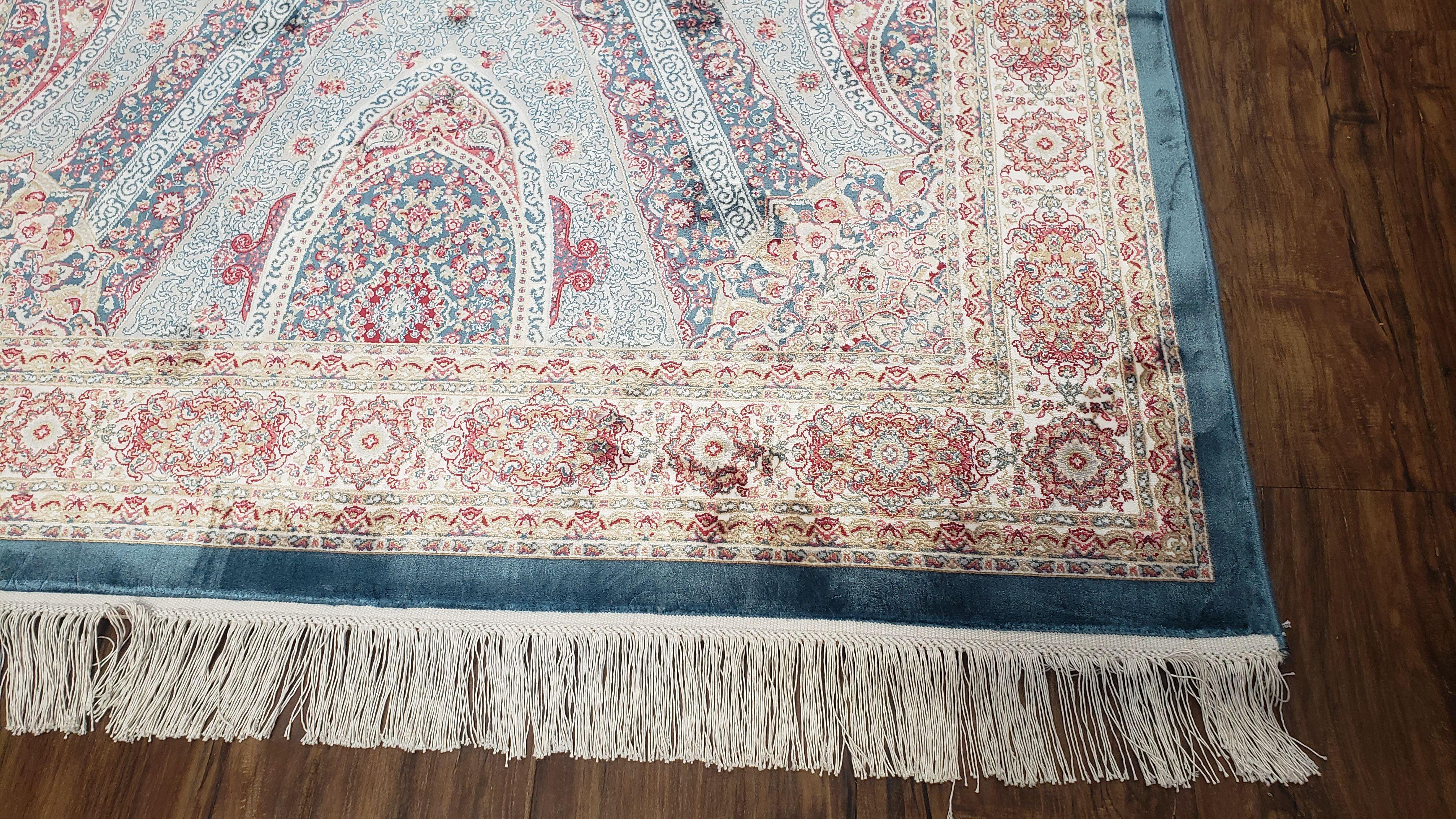 4x6 Silk Carpet, Light Blue & Beige Oriental Rug 4 x 6ft, Traditional Design Medallion All Over, Bamboo Silk, Super Fine, High Quality, Soft - Jewel Rugs