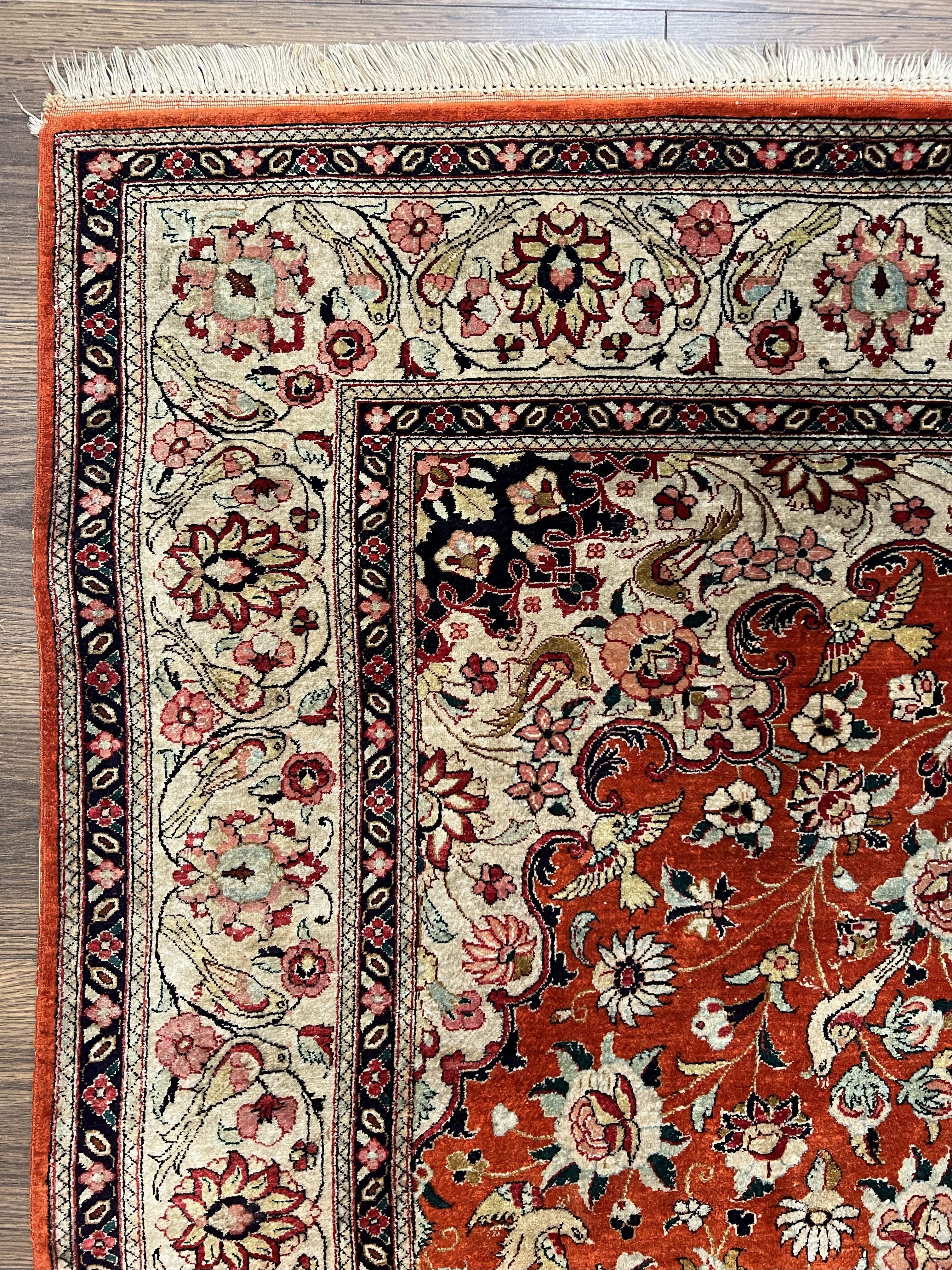 Persian Qum Silk Rug 5x7 - Floral Medallion, Birds, Orange-Red - Jewel Rugs