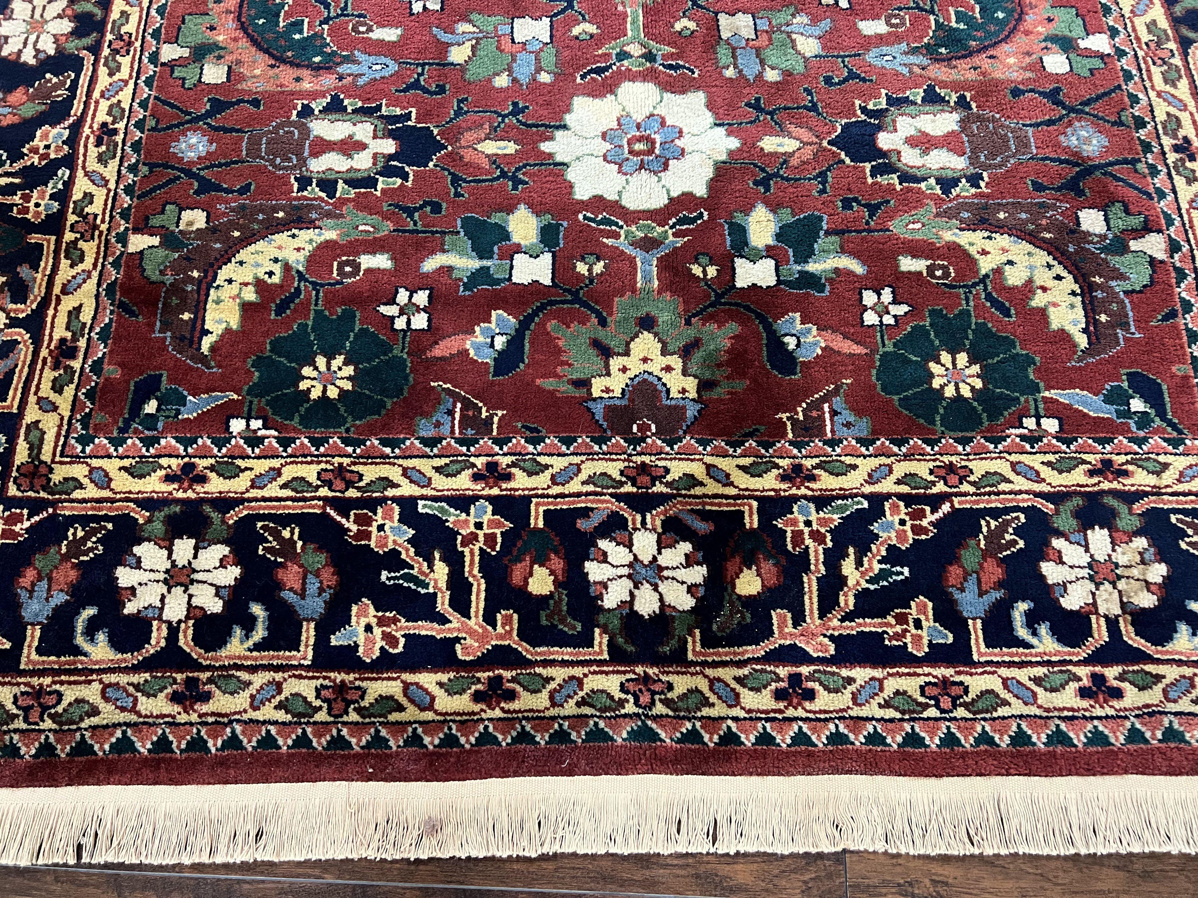 Indo Heriz Rug 6x9 Indian Persian Carpet, Vintage Rug 6 x 9 Oriental Rug, Hand Knotted Wool Rug Red Black Blue Colorful Allover Large Leaves - Jewel Rugs