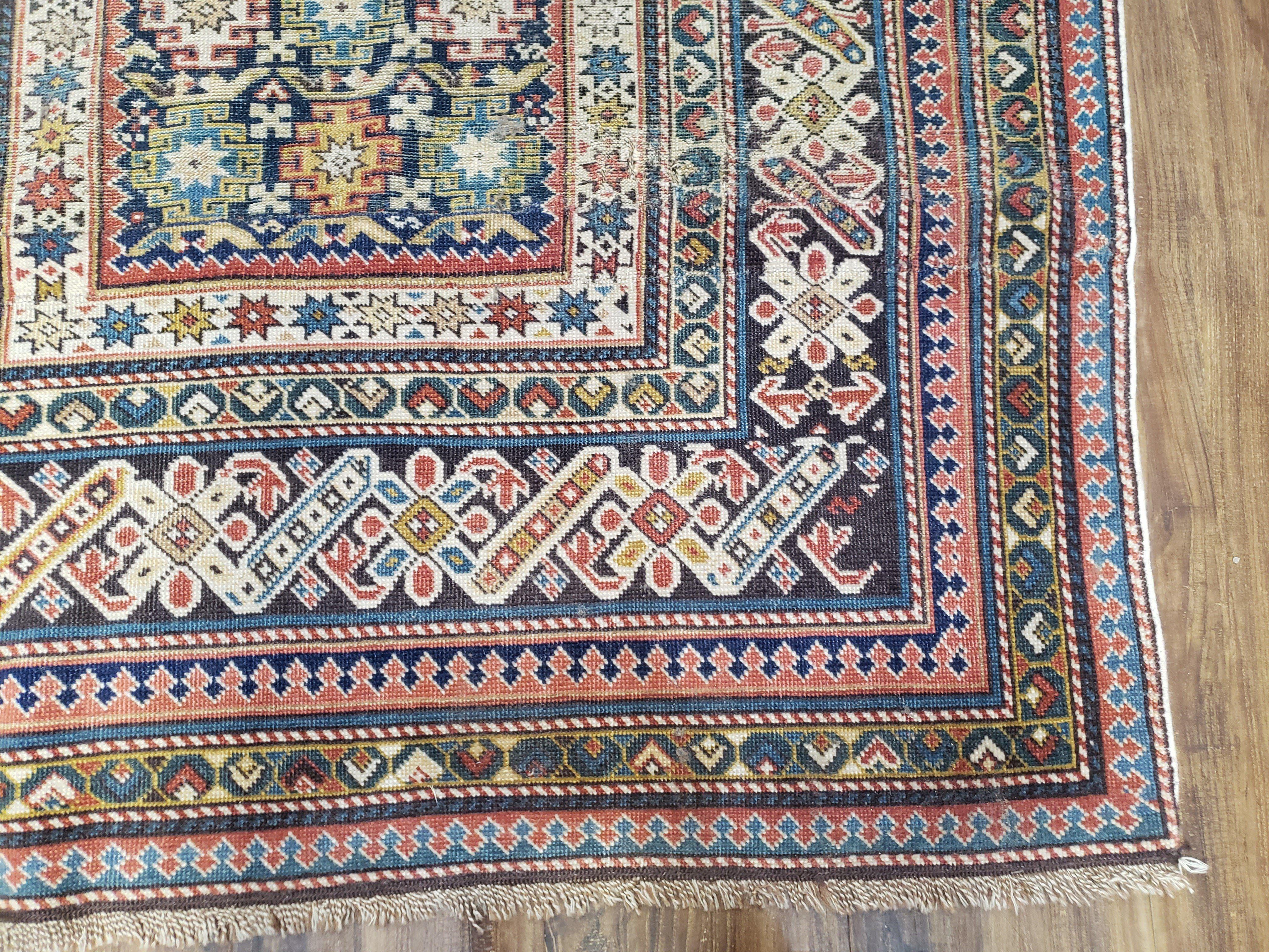 Caucasian Rug 3'9" x 5'7", Antique 1920s Collectible Caucasian Chi Chi Carpet, Hand Knotted, Colorful, Dark Blue Cream Red, Wool, Small Rug - Jewel Rugs