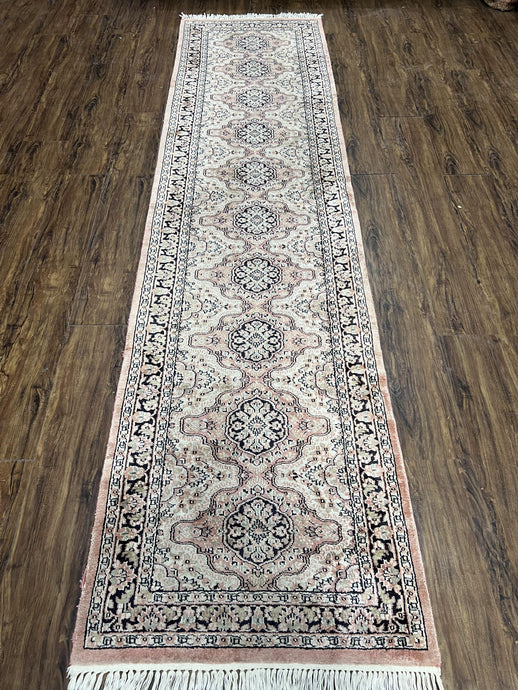Silk Kashmiri Runner 2.7 x 10 ft Vintage Rug, Ivory Pastel Pink, Hand-Knotted Vintage Runner, Hallway Carpet, Indian Rug Medallion Runner - Jewel Rugs