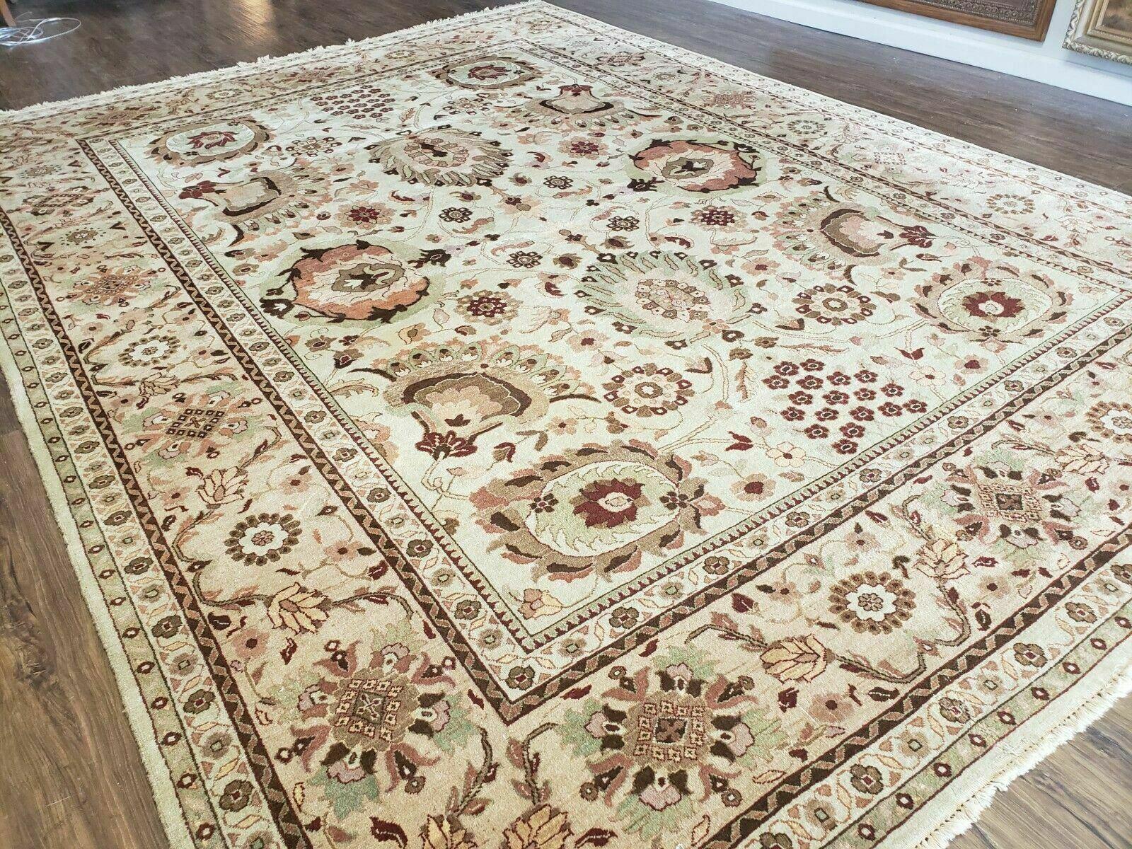 9' X 12' Handmade Indian Floral Wool Rug Hand Knotted Carpet Tea Washed Beige - Jewel Rugs