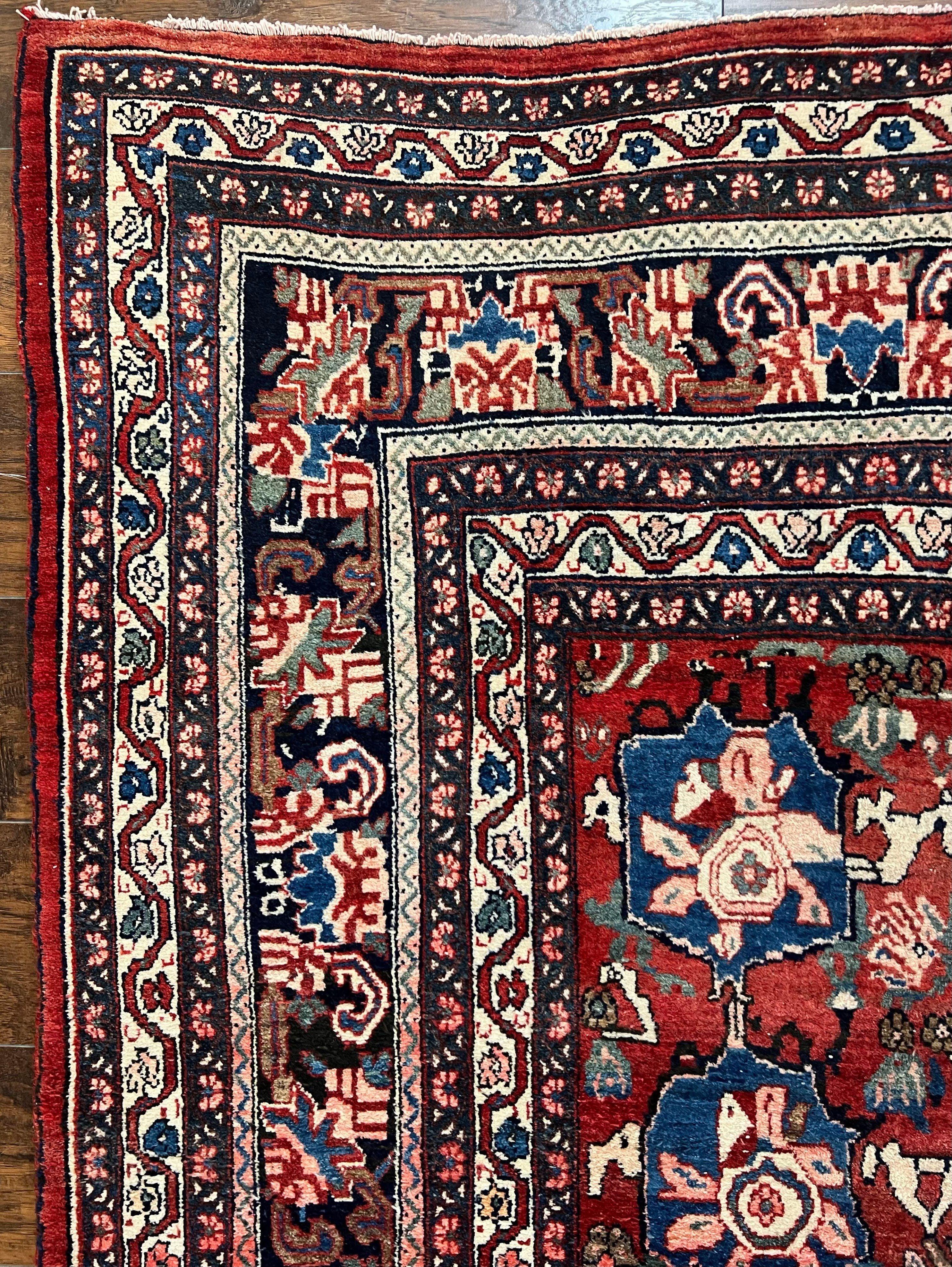Antique Persian Bijar Rug 9x12 - Allover Motif, Red & Blue - Jewel Rugs