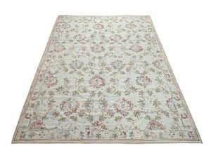 9x12 Flatweave Aubusson Needlepoint Rug, New, Beige, Tan, Green, Handmade, Hand-Knotted Area Rug, French European Carpet, Flowers - Jewel Rugs