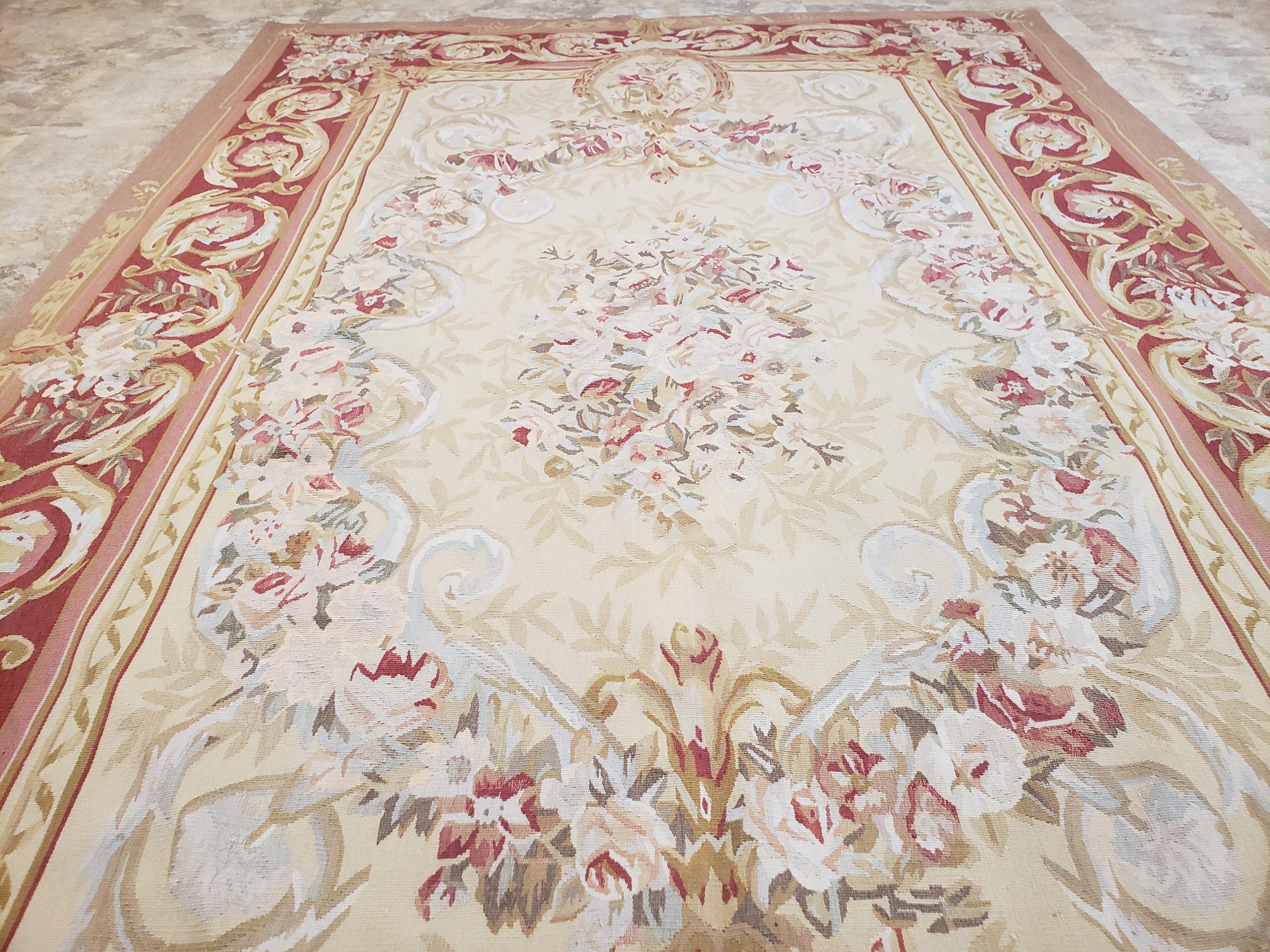 Aubusson Rug 6x9, Elegant Flatweave Rug, Aubusson Savonnerie 6 x 9 Flatweave Area Rug, Cream and Red, Wool Hand Woven Carpet, Medium Size - Jewel Rugs