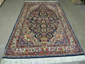 Persian Sarouk Rug 4x7, Hand Knotted Oriental Carpet 4 x 7 ft, Dark Blue Cream Red Floral Wool Rug, Semi Antique 1950s Persian Area Rug, Handmade - Jewel Rugs