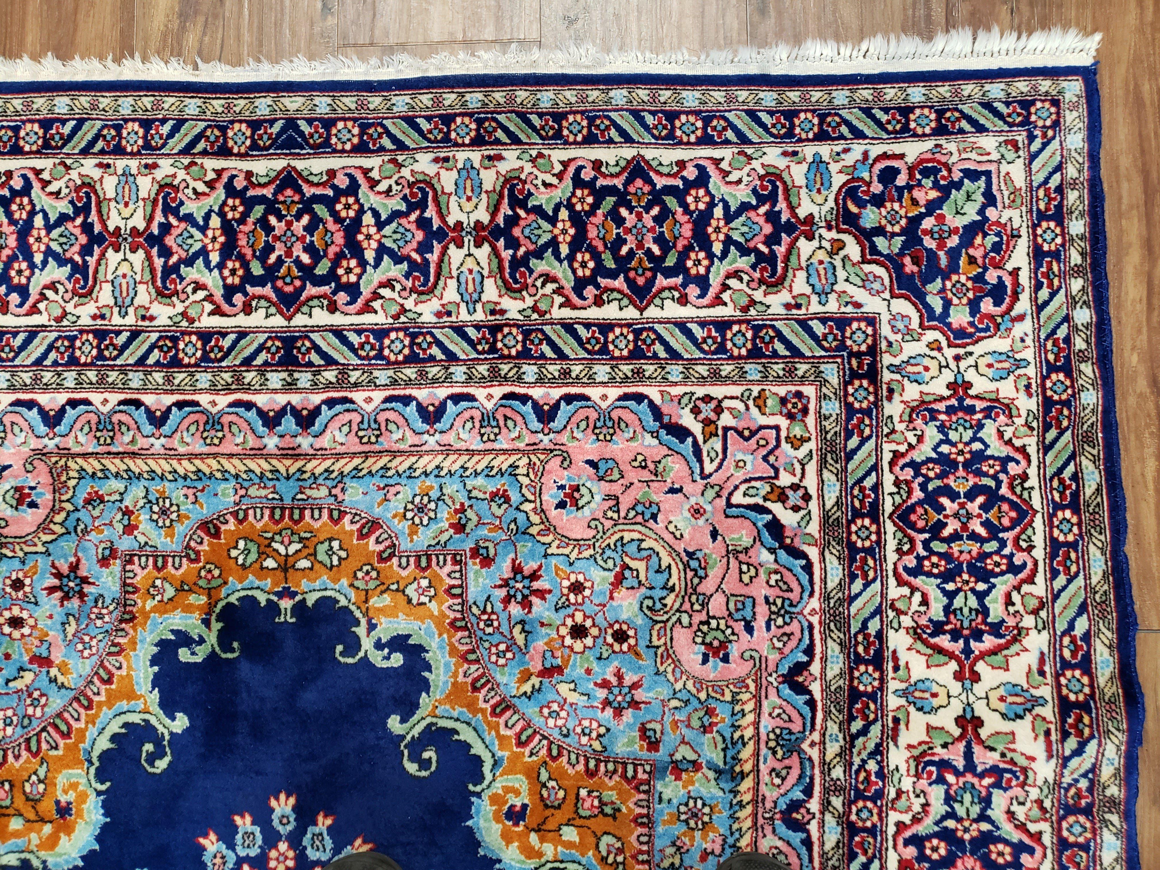 Vintage Indian Kirman Area Rug 4x7 - 5x7, Wool Hand-Knotted, Blue & Ivory Indo Persian Oriental Carpet, Medallion Rug, Office Room Rug - Jewel Rugs