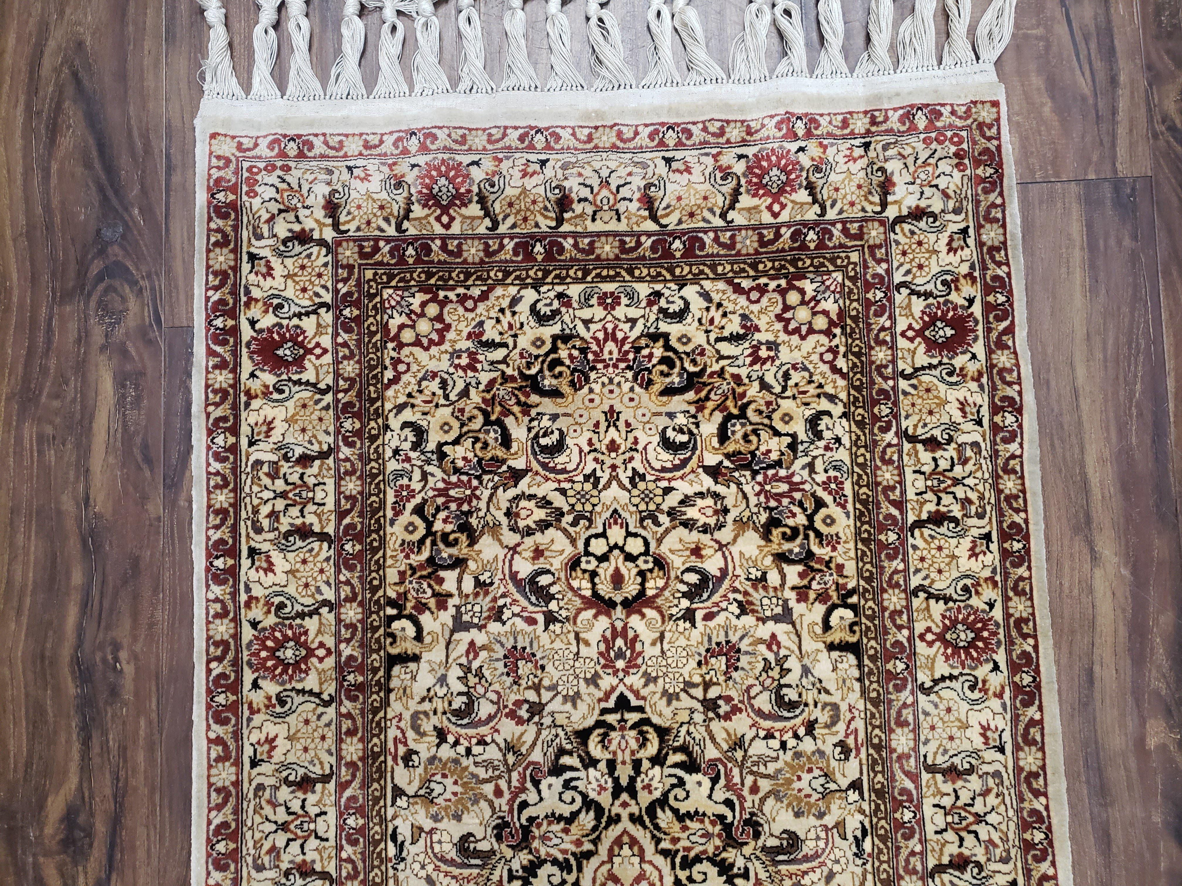 Silk Oriental Rug 1' 7" x 3', Very Fine Silk Carpet, Small Silk Rug, Traditional Floral Medallion, Hand-Knotted Cream Beige Vintage Silk Rug - Jewel Rugs