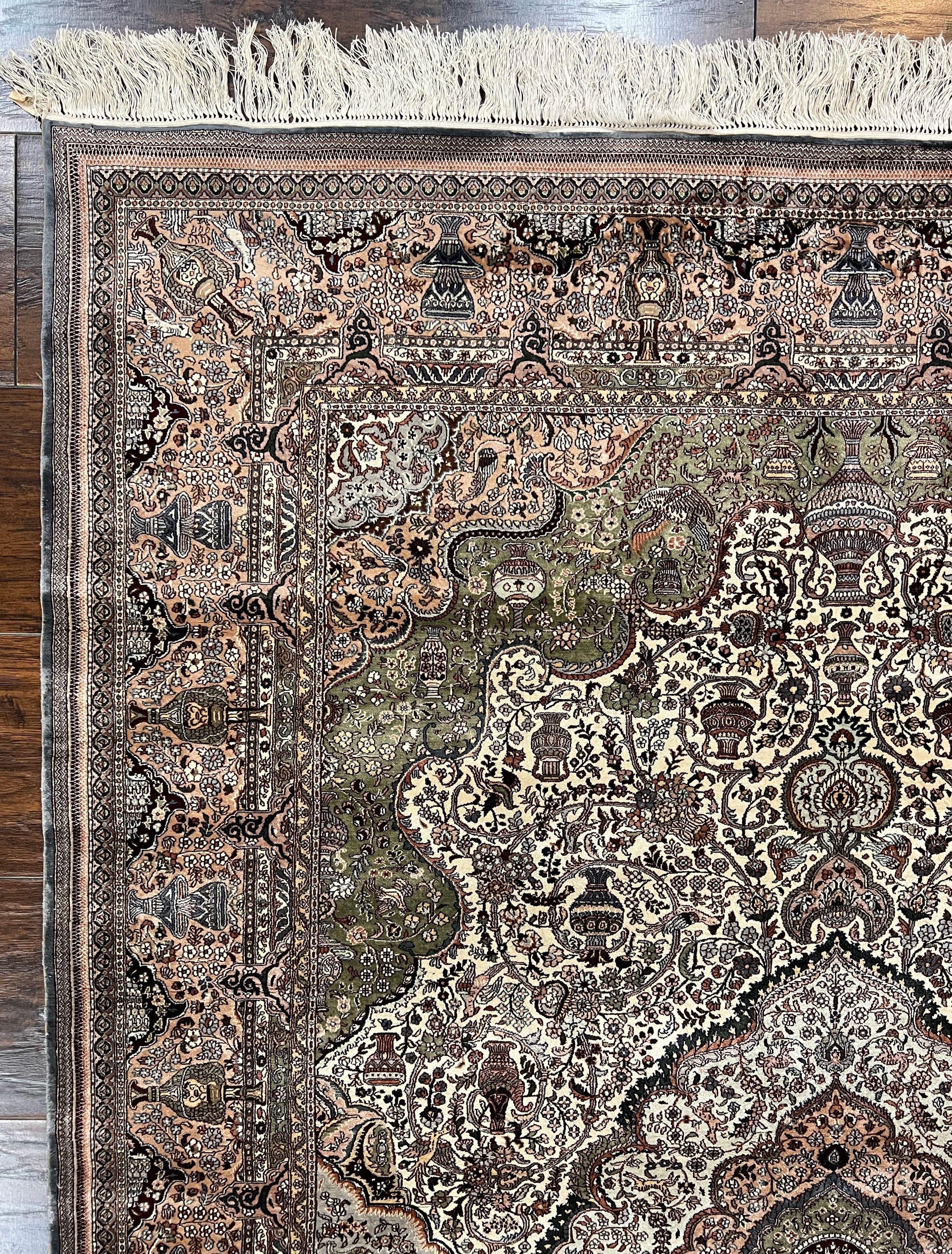 Very Fine Sino Persian Silk Rug 4x6, Floral Medallion, Hand Knotted, Silk Pile on Silk Foundation, Ivory, Vintage Handmade Oriental Carpet - Jewel Rugs