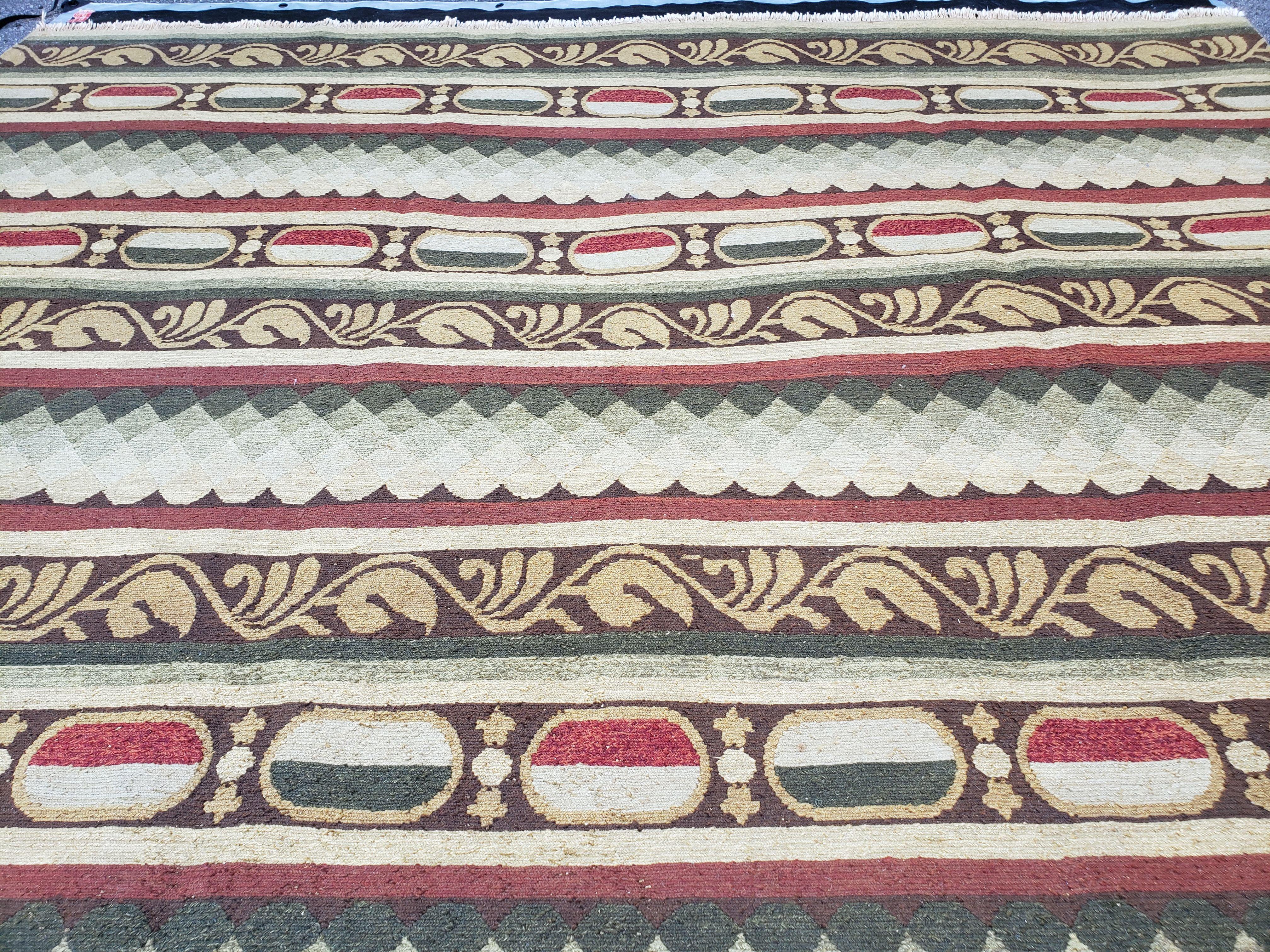 Large Vintage Striped Rug, Handmade, Earth Tone Decor, Beiges Slate Gray Dark Red, Flatweave Indian Striped Carpet, Indian Kilim 10x14, Wool - Jewel Rugs