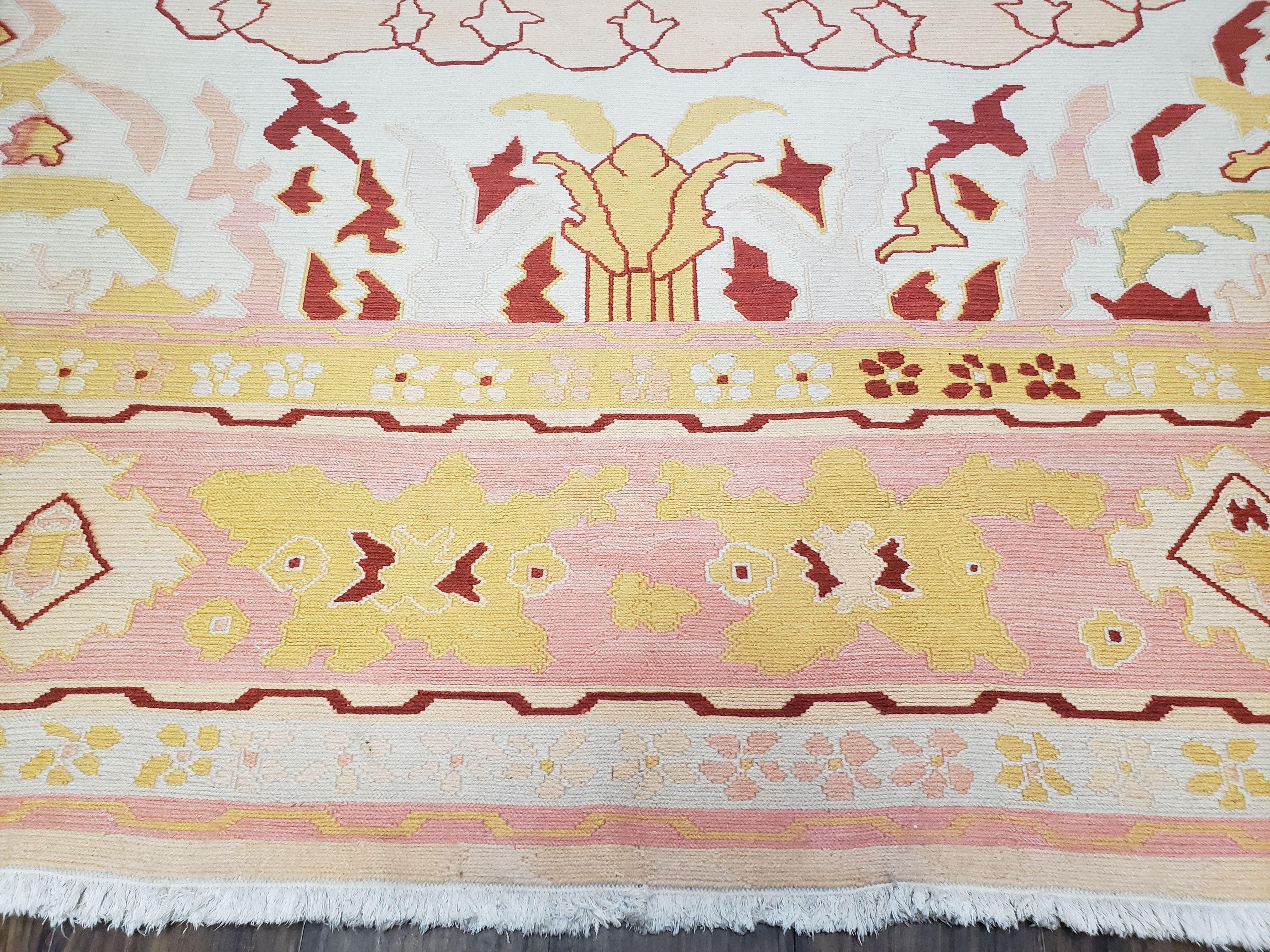 Large Turkish Kilim Carpet 10x14, Vintage Hand-Knotted Turkish Kilim Rug 10 x 14, Pink Cream Yellow Red, Decorative, Geometric, Unique - Jewel Rugs