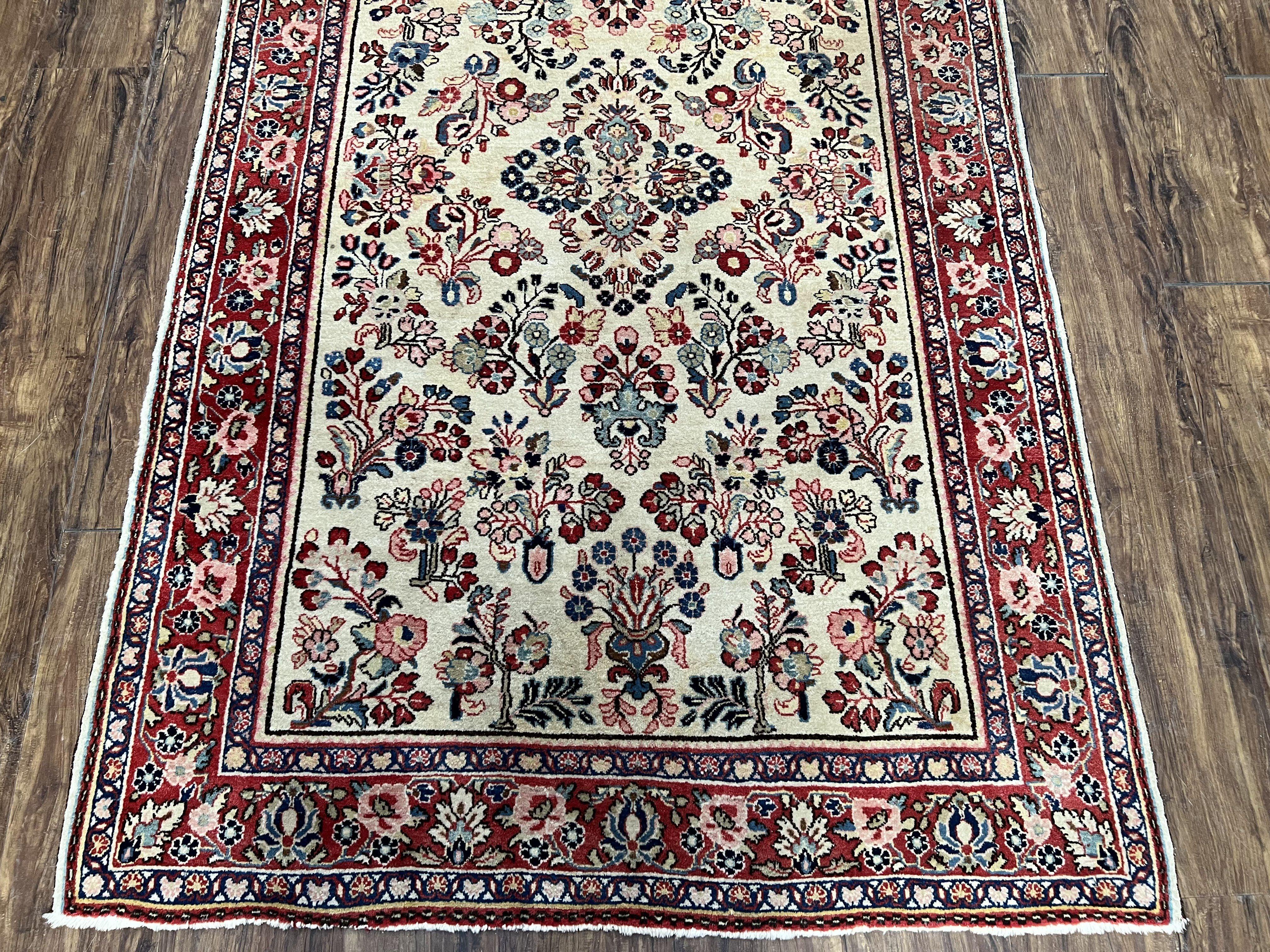 Vintage Persian Sarouk Carpet 4.2 x 6.8, Light Colored Field, Wool Persian Rug 4x7, Hand-Knotted Rug, Allover Floral Pattern, Cream Red Blue, Nice - Jewel Rugs