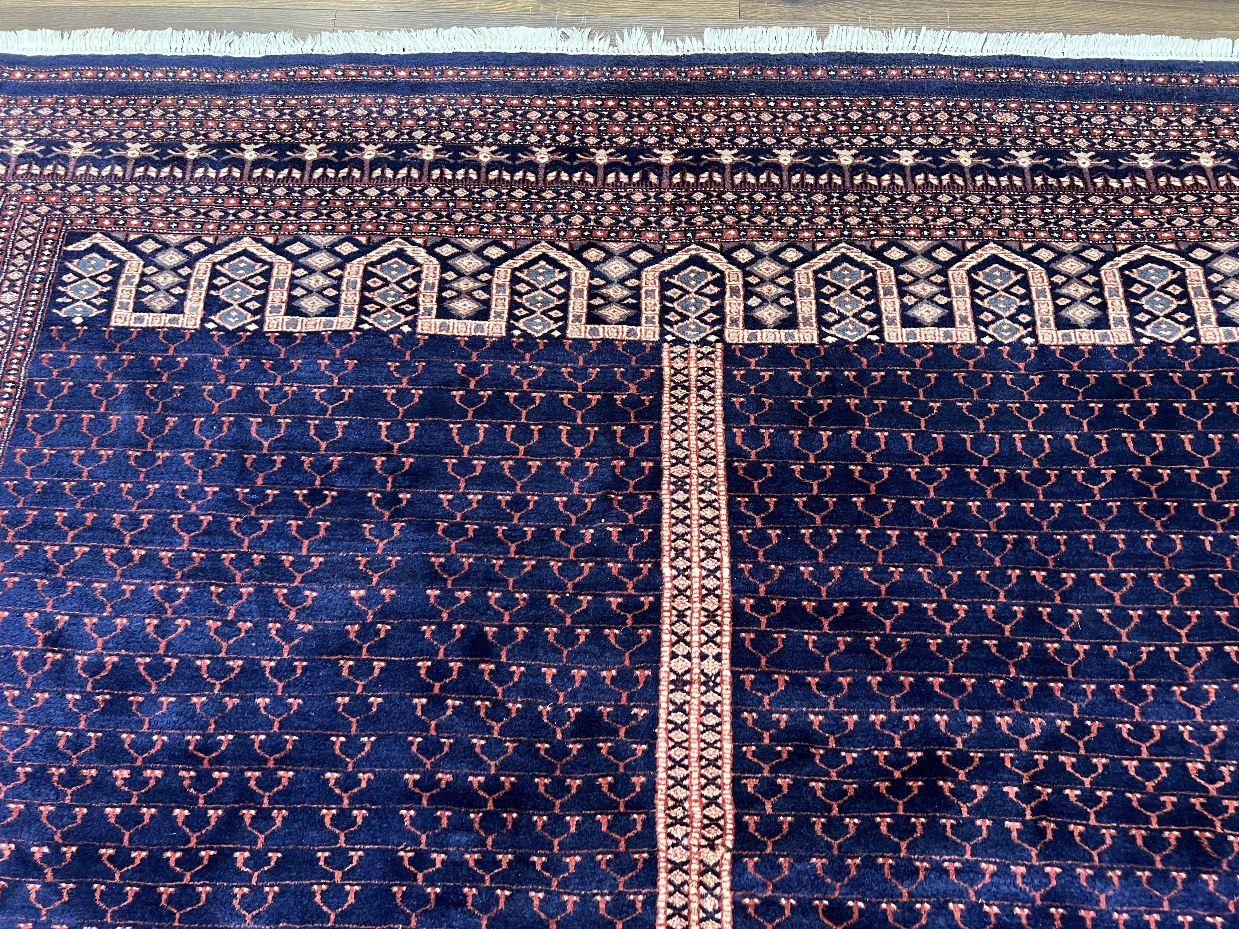 Pakistani Rug 8x11, Hand Knotted Wool Carpet, Navy Blue Red Beige, Four Season Hatchli Design, 8 x 11 Vintage Fine Oriental Rug, Room Sized - Jewel Rugs