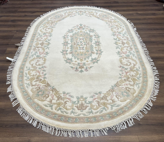Indo Chinese Oval Rug 6x9, Aubusson Design, Ivory, Hand Knotted Wool Carpet, Large Vintage Oval Rug - Jewel Rugs