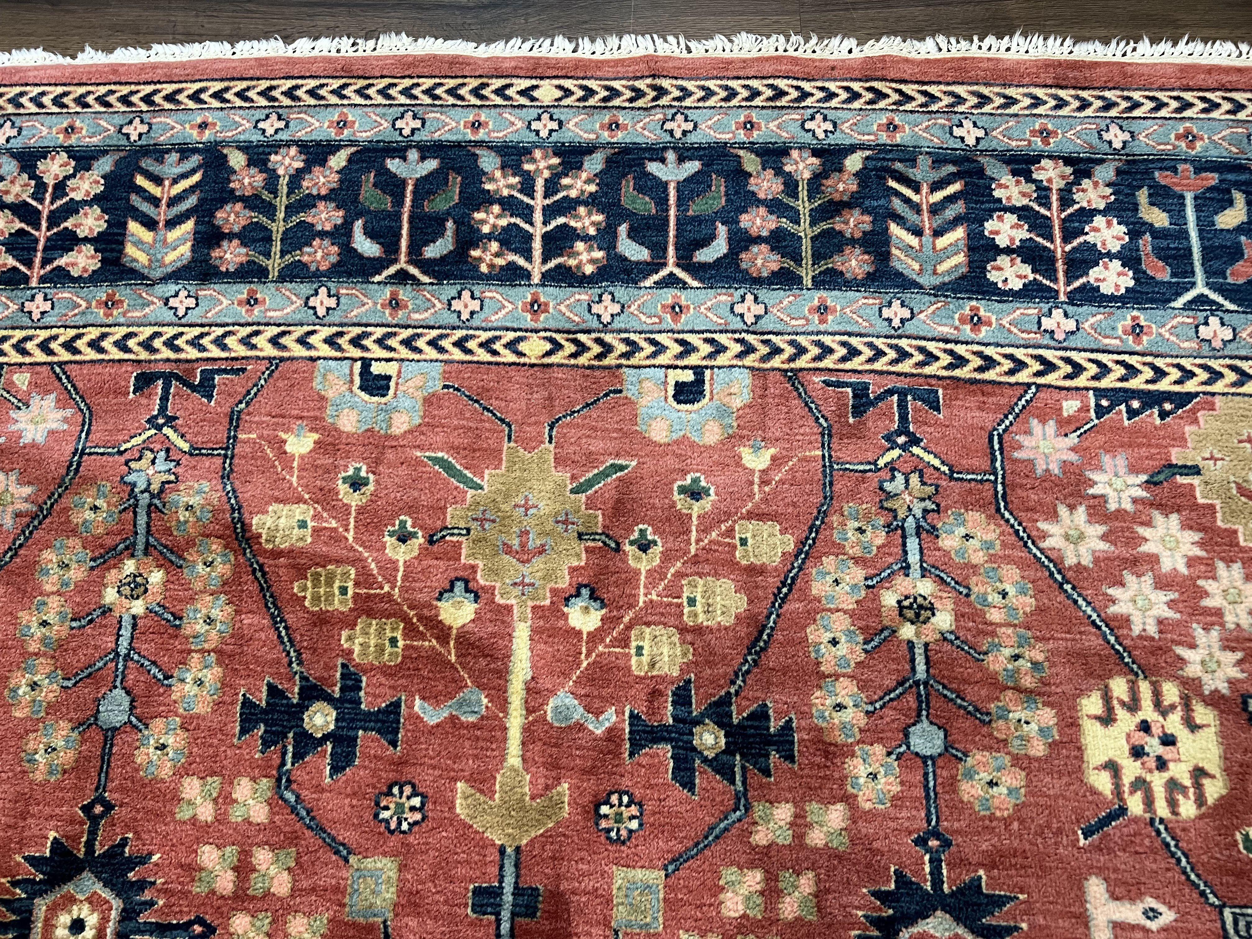 Indo Persian Heriz Rug 9 x 13 ft, Red and Navy Blue Oriental Carpet, Hand Knotted Wool Rug 9x13, Allover Pattern, Bohemian Rug, Living Room - Jewel Rugs