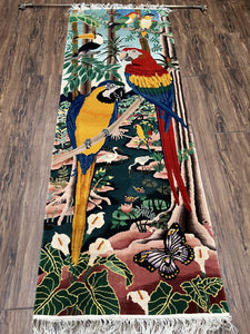 Chinese Wall Hanging Tapestry with Rod 2 x 6, Parrots Butterflies Safari Scene, Soft Wool on Silk Foundation, Handmade Hand Knotted Vintage - Jewel Rugs