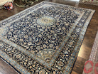 Wonderful Persian Kashan Rug 10x13, Navy Blue Light Blue Tan, Hand Knotted Wool Oriental Carpet Floral Allover Medallion 1950s Semi Antique Vintage - Jewel Rugs