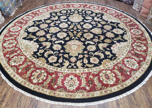 10ft Round Indian Mahal Rug, 10x10 Hand-Knotted Oriental Rug, Large Circular Handmade Rug, Midnight Blue Red and Beige, Allover Floral, Nice - Jewel Rugs