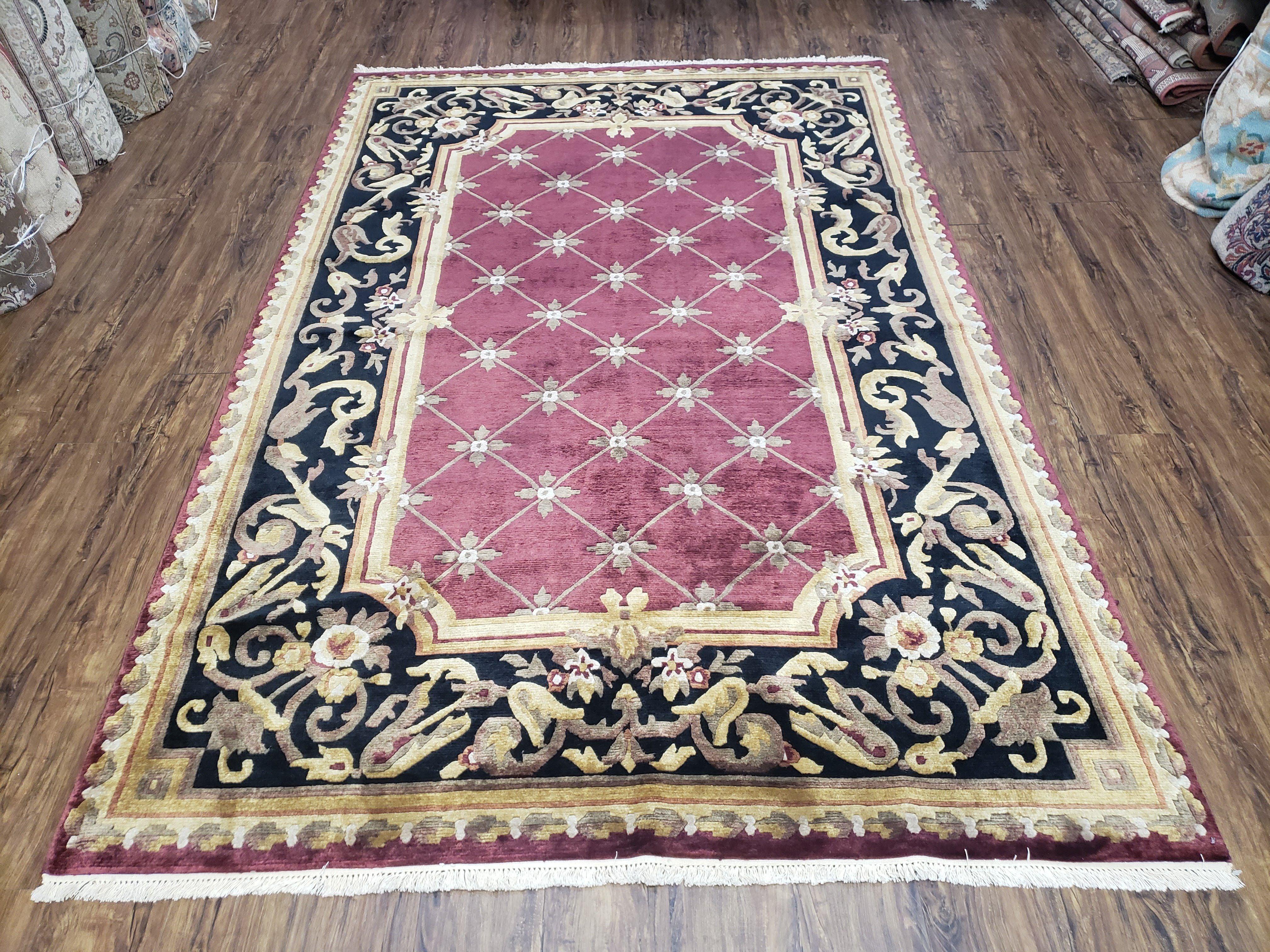 Vintage Aubusson Rug 6x9, Hibiscus Red Black & Gold Wool Hand-Knotted Carpet, 6 x 9 Small Elegant Dinning Room Area Rug, New Zealand Wool - Jewel Rugs