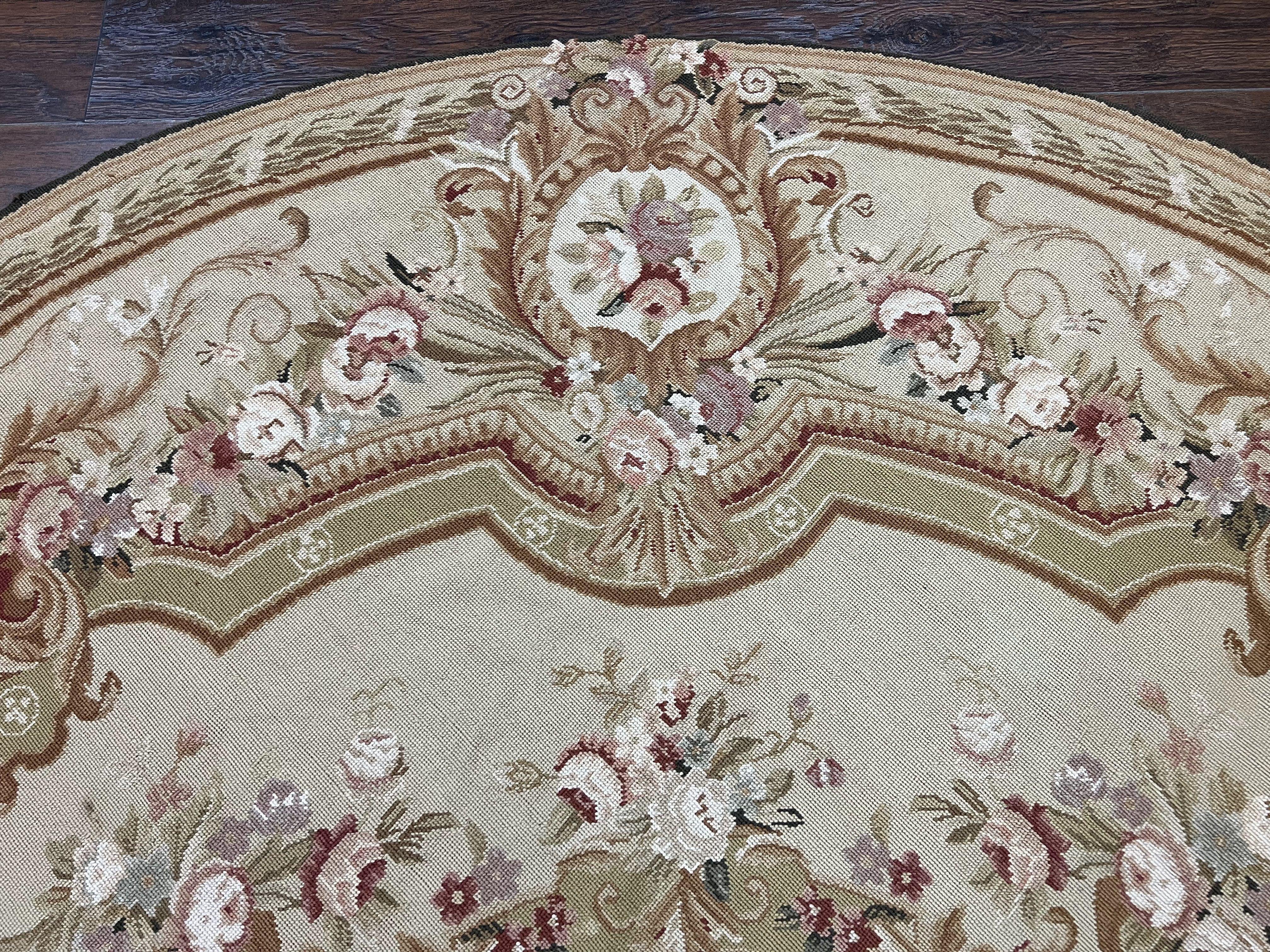 Round Needlepoint Rug 7x7 ft, Aubusson Savonnerie Round Carpet, Large Round Needlepoint, Elegant, Beige and Cream, Floral, Wool Handmade Rug - Jewel Rugs