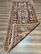 Unique Persian Tribal Runner Rug 4x10, Northwestern Persian Ardabil Runner, Birds Peacock Pictorials, Wool Antique Runner, Hand Knotted, Midnight Blue and Red - Jewel Rugs