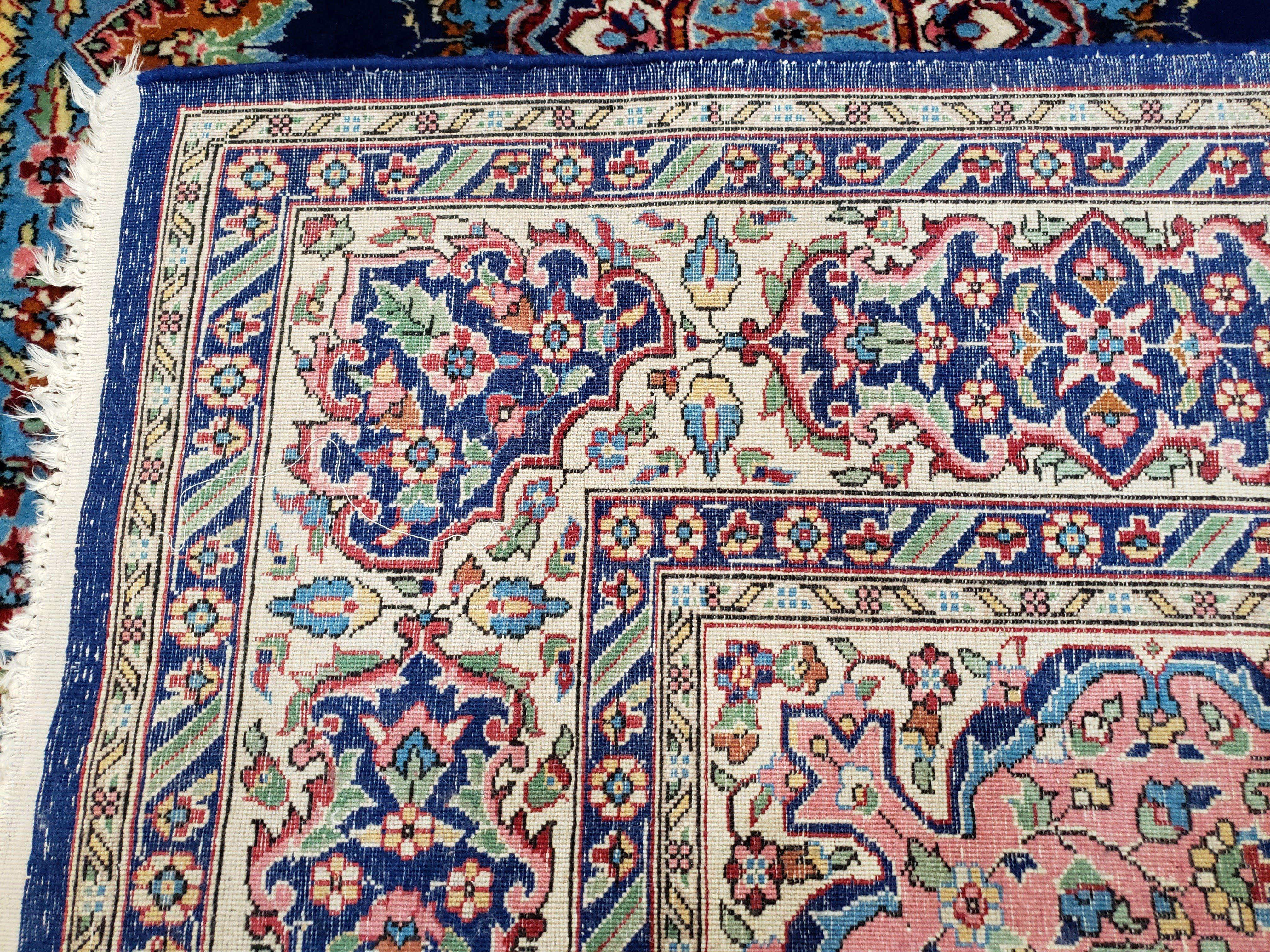 Vintage Indian Kirman Area Rug 4x7 - 5x7, Wool Hand-Knotted, Blue & Ivory Indo Persian Oriental Carpet, Medallion Rug, Office Room Rug - Jewel Rugs