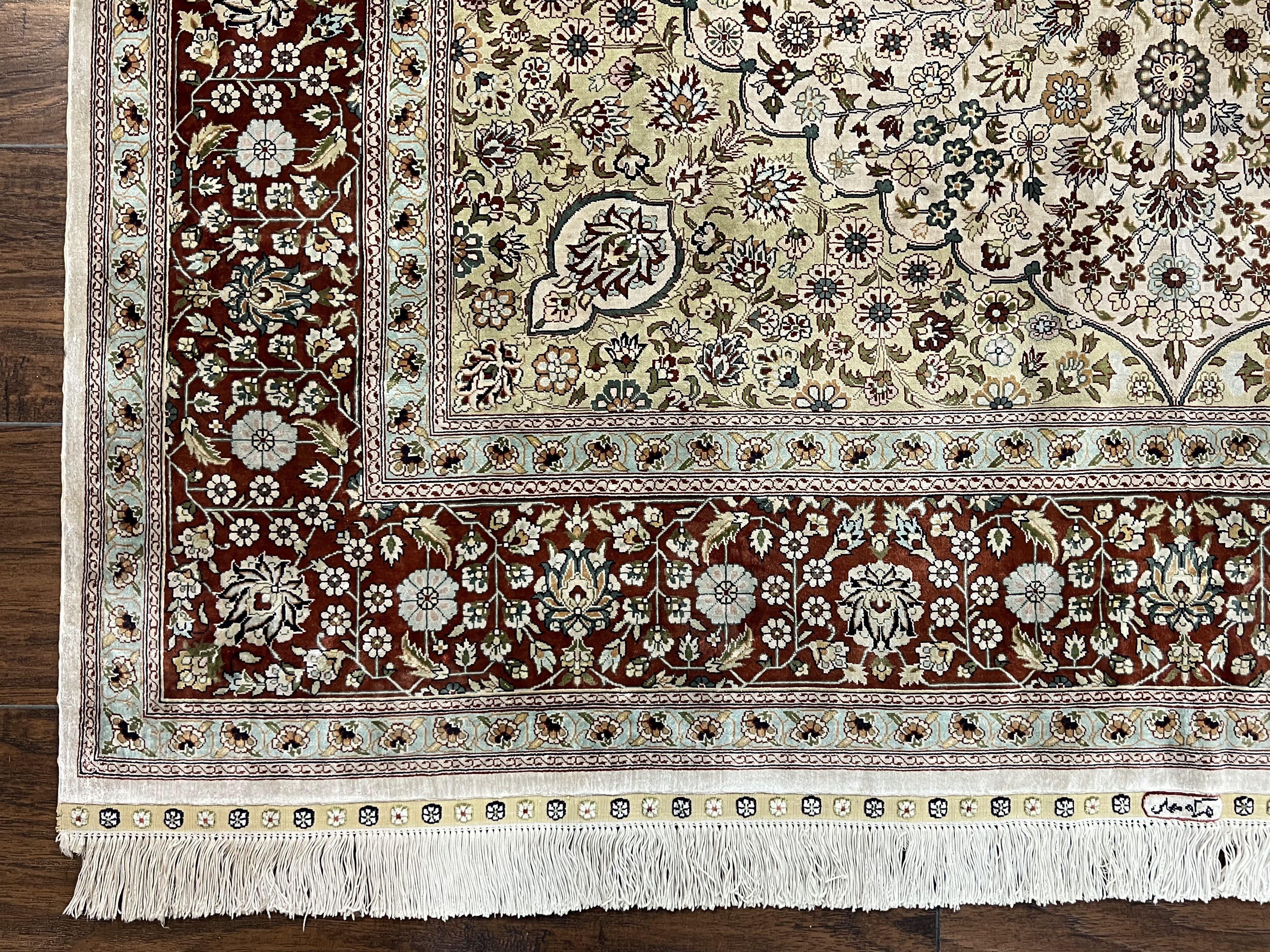 Stunning Silk Turkish Hereke Rug 5x8, Very Fine Hand Knotted Silk Carpet, Floral Allover, Vintage Silk on Silk Rug, Cream Gold Maroon, Nice - Jewel Rugs