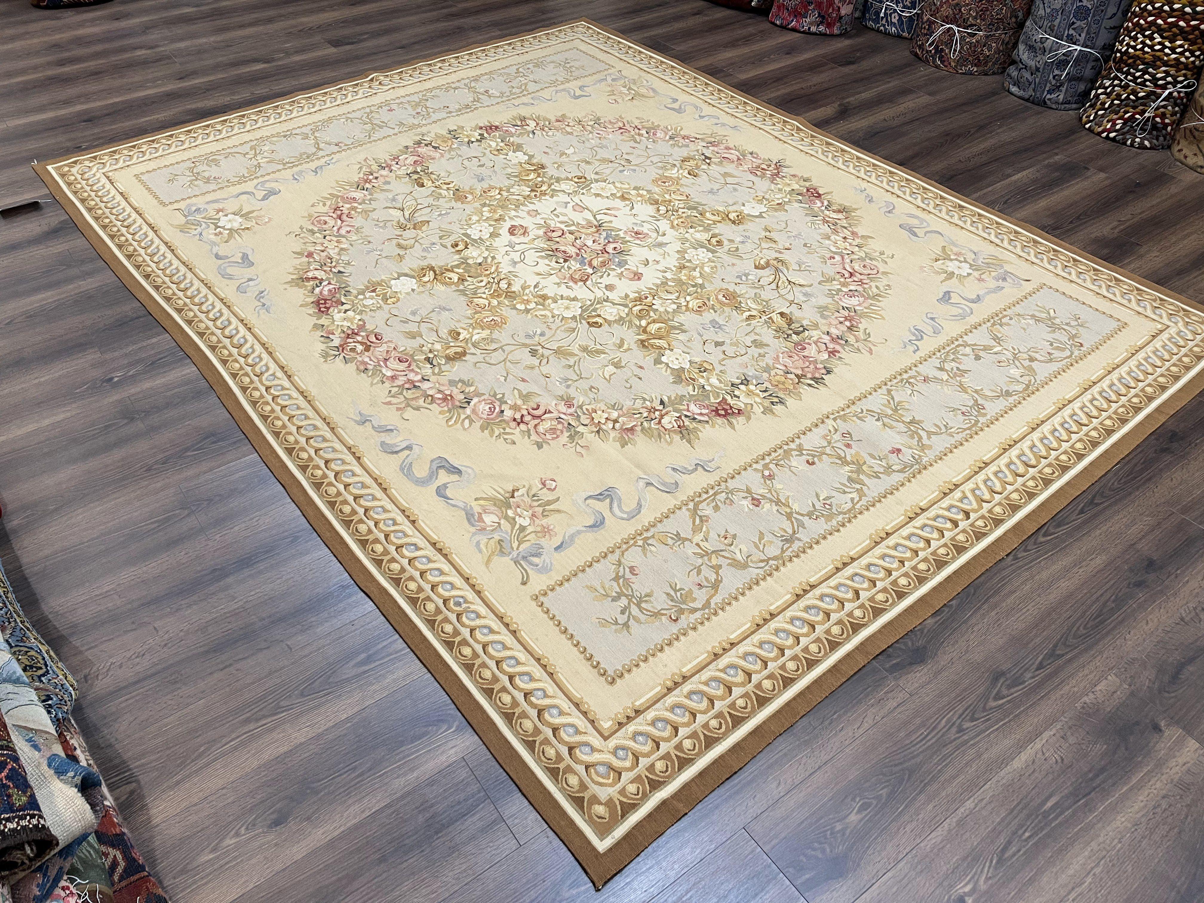 Aubusson Savonnerie Rug 8x10, Vintage French Aubusson Wool Carpet 8 x 10, Hand Woven, Cream and Light Blue, Flatweave, Elegant Floral Rug - Jewel Rugs