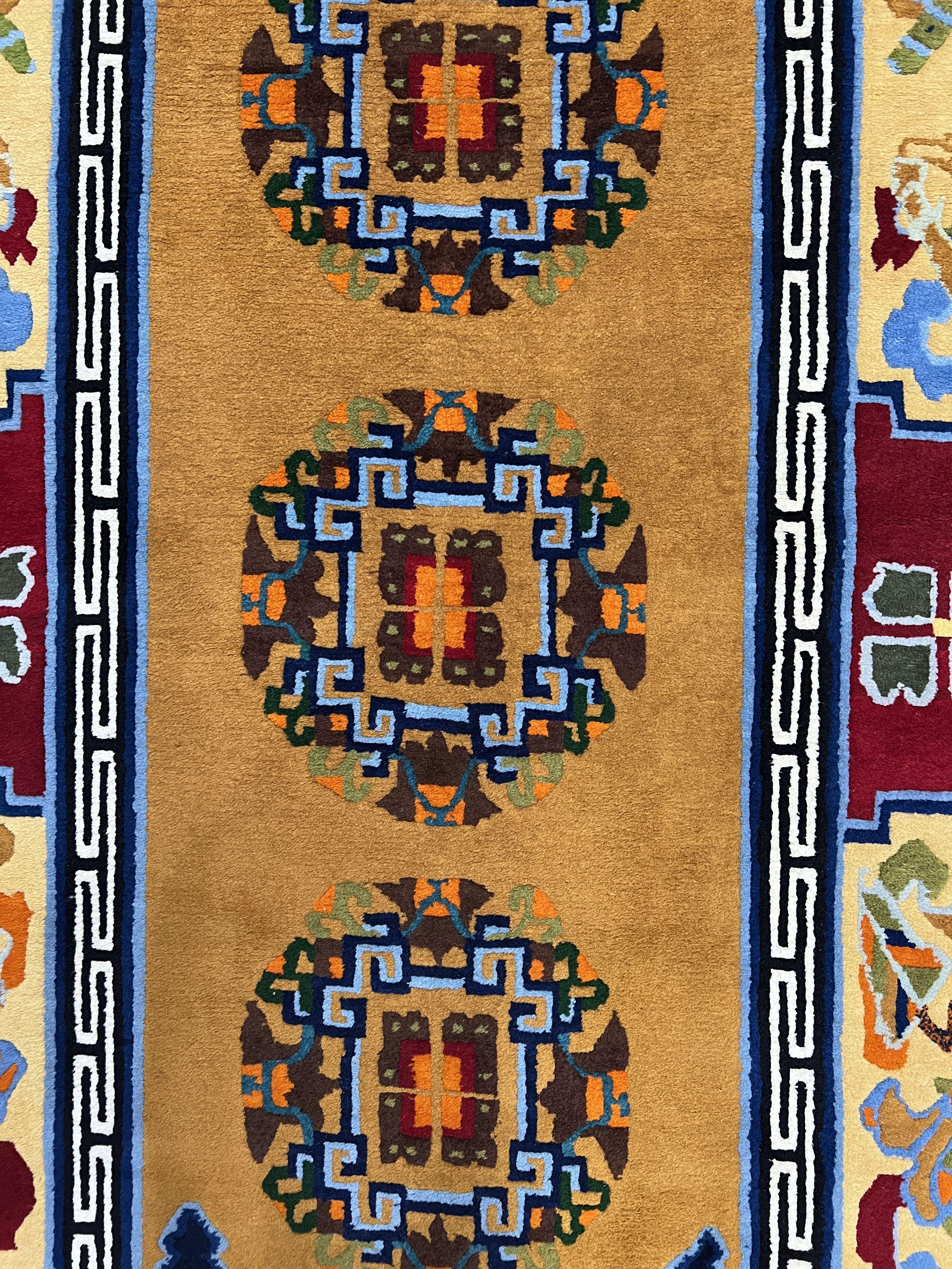 Vintage Chinese Art Deco Rug 3x6, Orange Dark Blue Maroon Chinese Peking Carpet, Asian Oriental Wool Rug, Bold Colors, Bedroom Rug, Hallway - Jewel Rugs