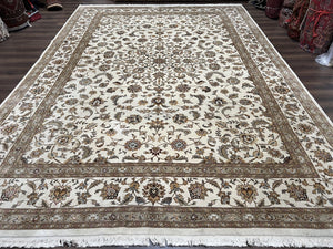 Pak Persian Rug 10x14, Allover Floral Pattern, Fine Oriental Carpet 10 x 14, Elegant Traditional Wool Rug, Ivory/Cream/Beige, Hand Knotted - Jewel Rugs