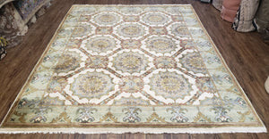Indo Sultanabad Area Rug 8 x 9.5, Wool Hand-Knotted Ivory Green Teal Decorative Rug, Floral Panel Carpet, Indian Rug, 8 x 10 Bedroom Rug - Jewel Rugs
