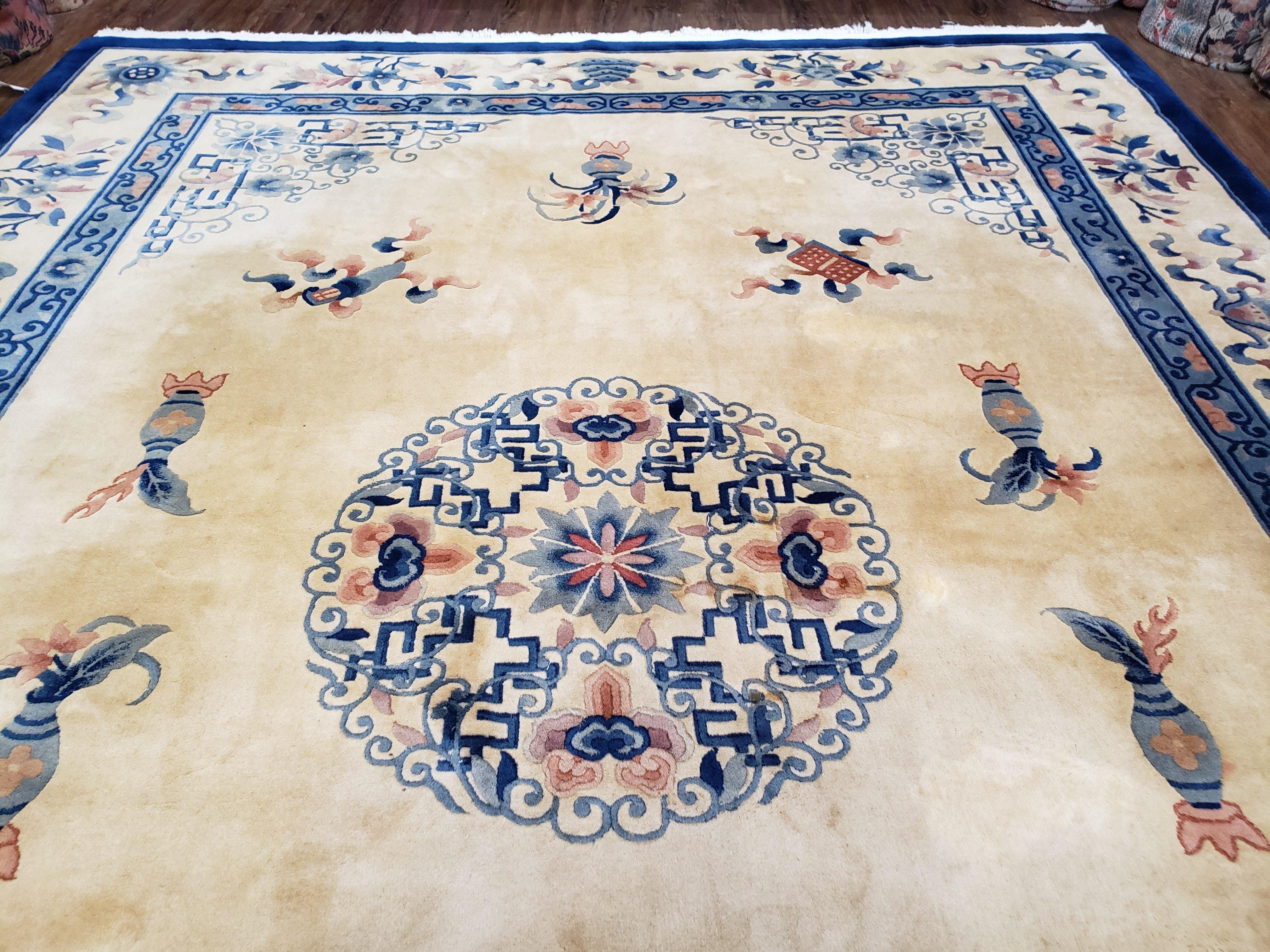 Vintage Chinese Carving Rug, Hand-Knotted Area Rug 9x12, Cream & Blue Art Deco Carpet, Asian Style Rugs, Soft Plush Wool Living Room Rug - Jewel Rugs