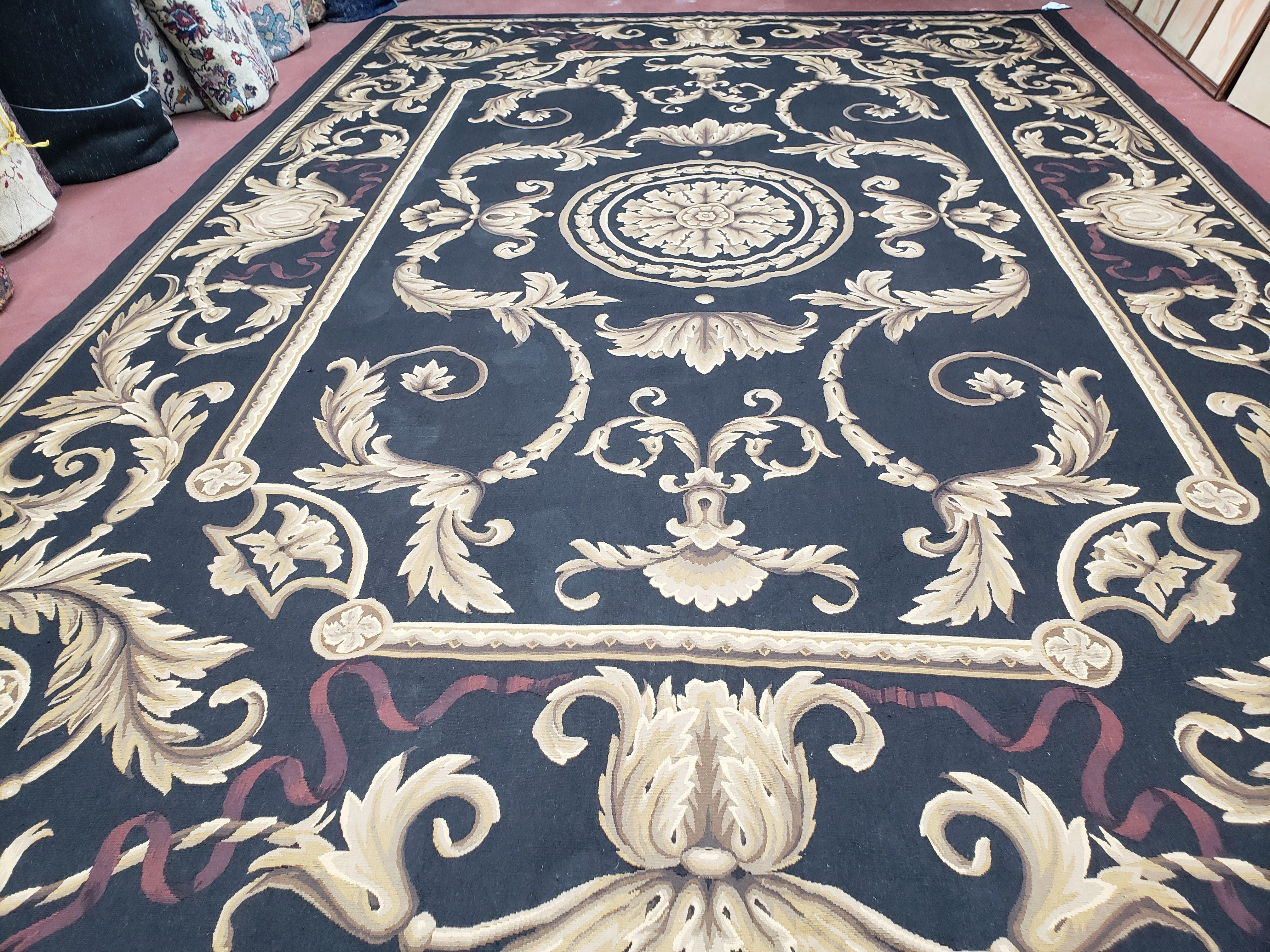 Black and Tan Aubusson Rug, 10 x 14 Aubusson Carpet, New Aubusson Rug, Elegant, Wool, Handmade Area Rug, Flatweave Rug, Large Aubusson Rug - Jewel Rugs