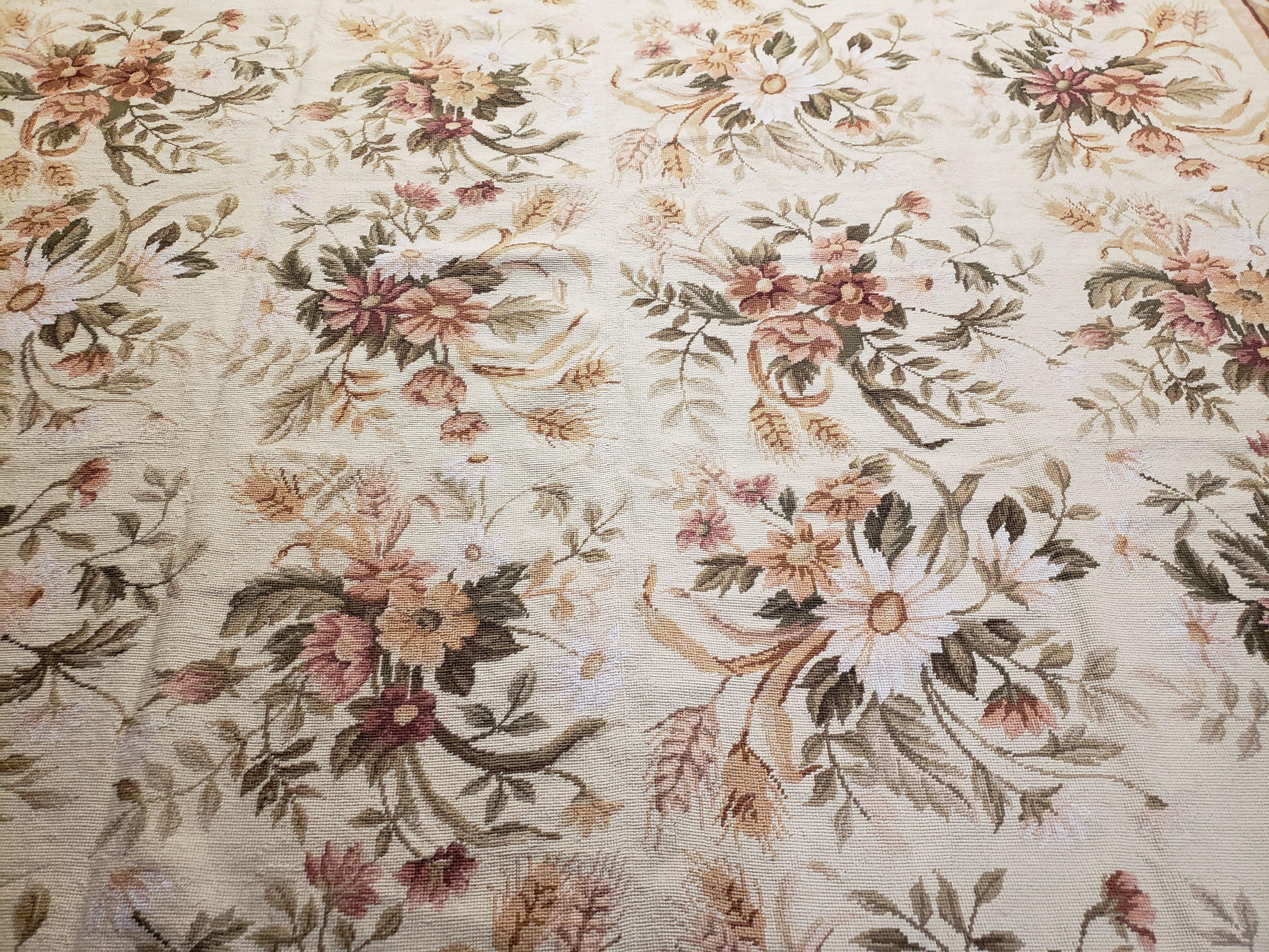 Needlepoint Rug 8x10 Aubusson Rug Victorian Floral Rug Handmade French Style French Decor Garden Panel Beige 8 x 10 Area Rug 100% Wool - Jewel Rugs