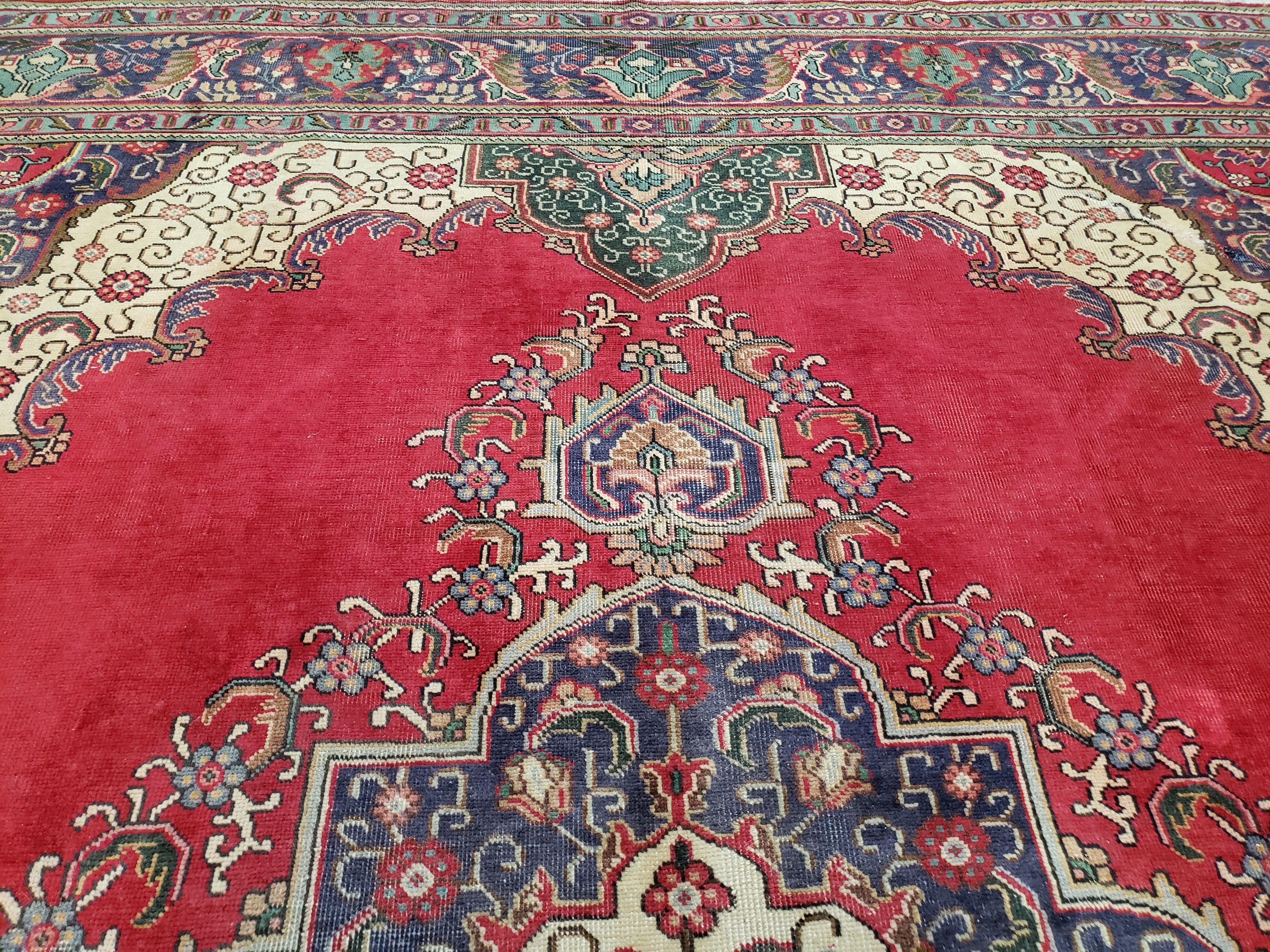 Semi Antique Tabriz Rug with Central Medallion, Red, 9'8" x 12'5" - Jewel Rugs