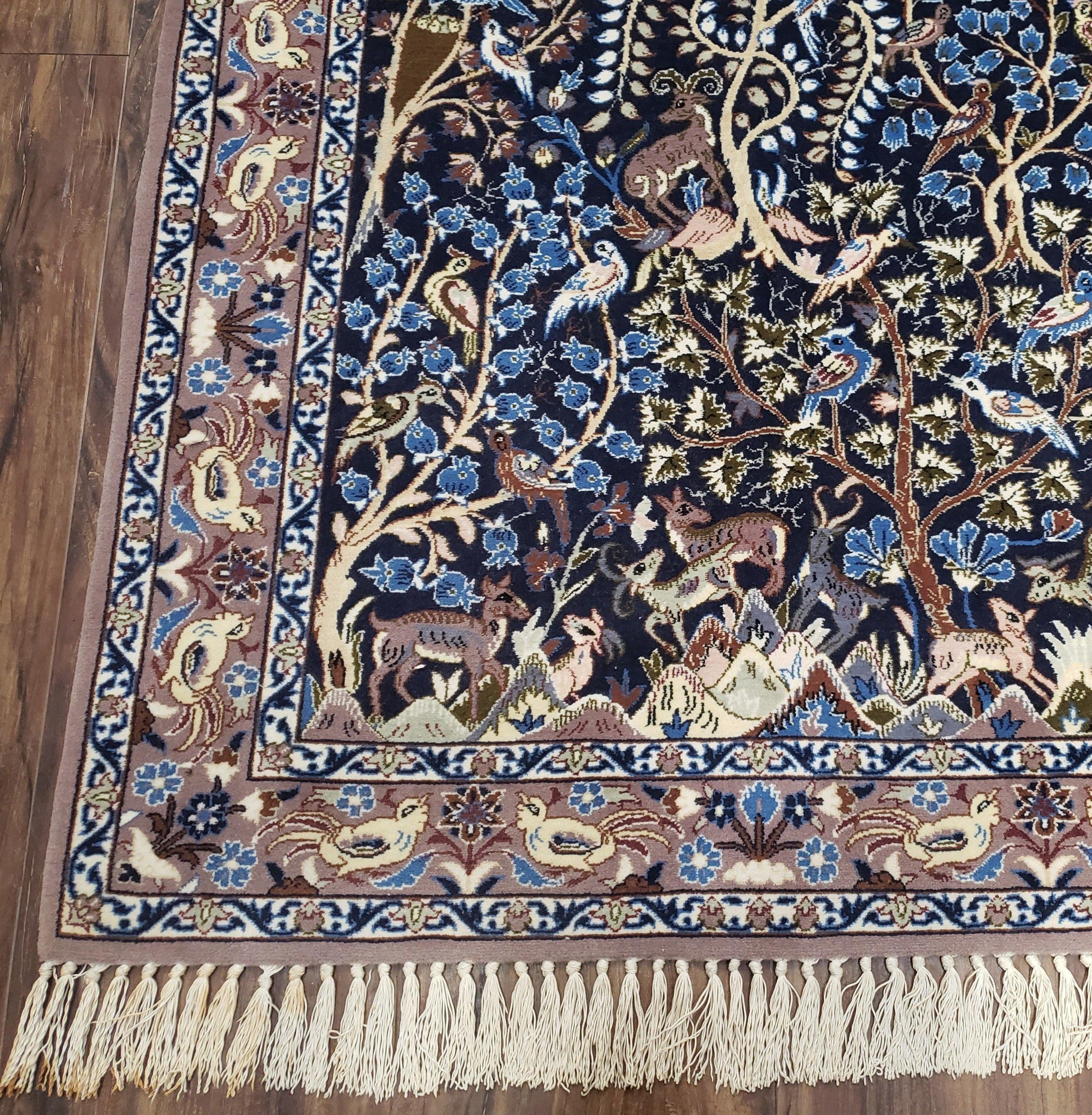 Semi Antique Persian Isfahan Rug, Hand-Knotted, Tree of Life Pattern with Animal Motifs, Dark Blue and Taupe, Kork Wool on Silk Foundation, 2'4" x 3'5" - Jewel Rugs