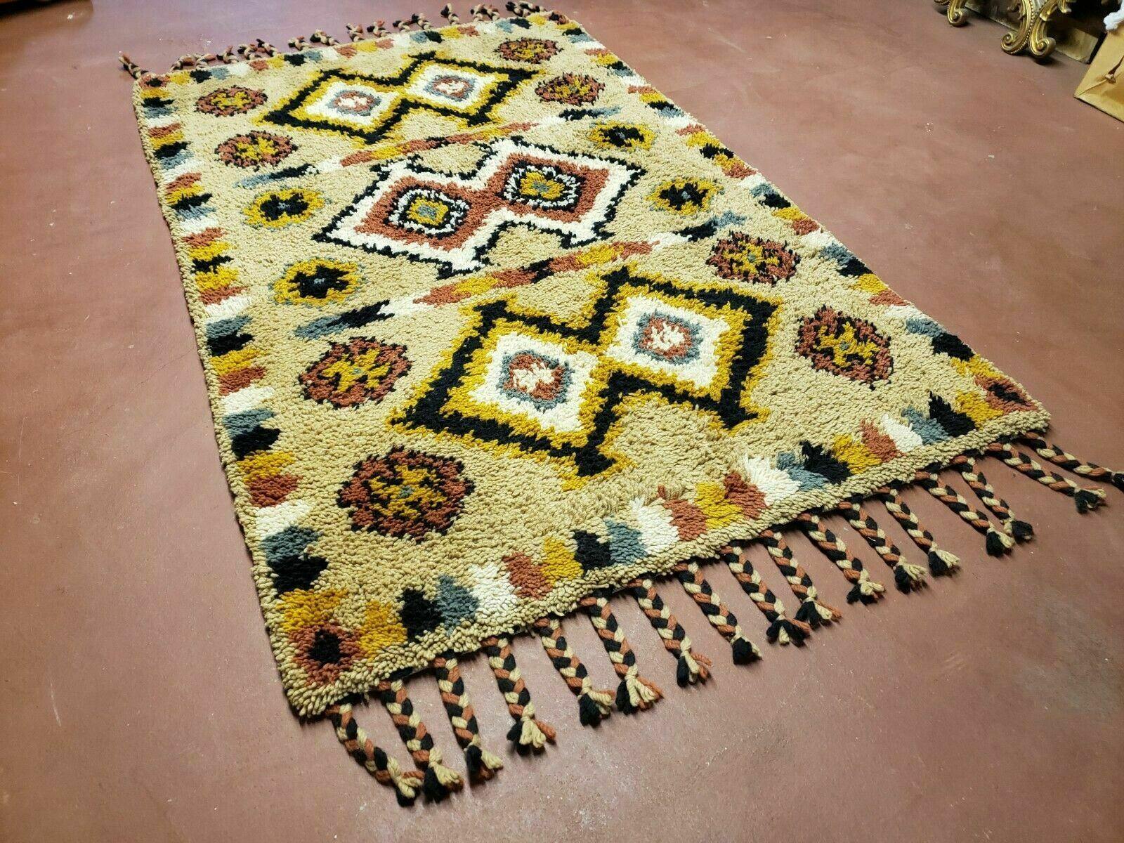 Portuguese Rya Style Shag Rug Moroccan Design, 4x6 Vintage Colorful Geometric Rug, Handmade Wool Gold Tan, Soft Pile Rug - Jewel Rugs