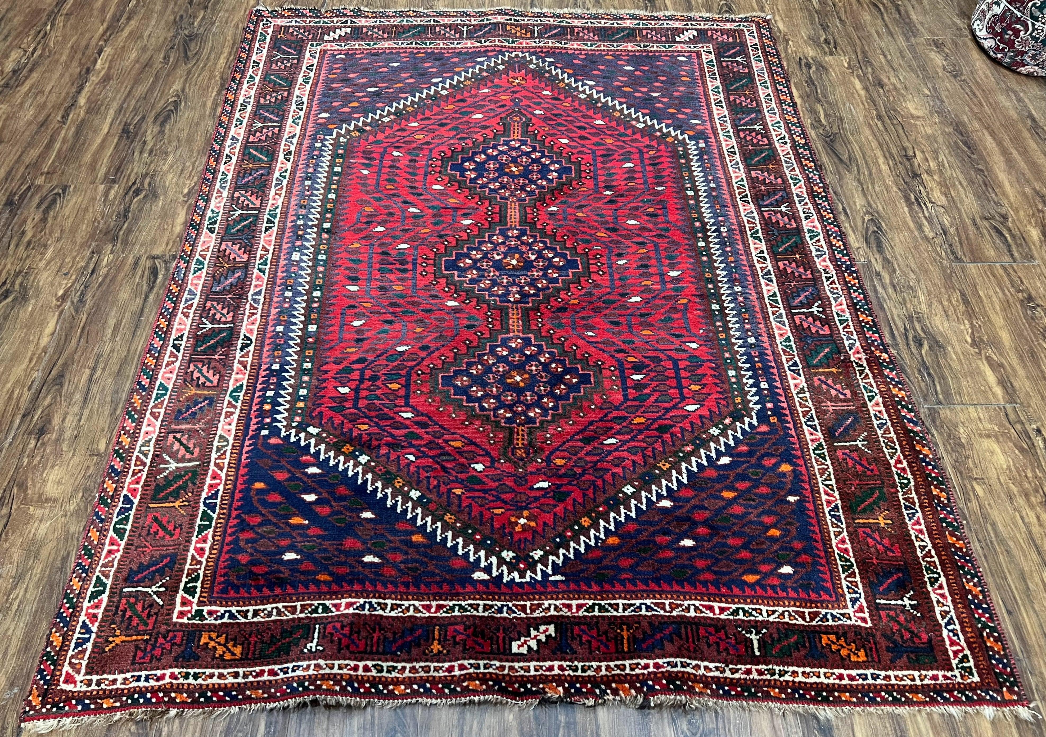 Persian Afshar Rug 5x7 Tribal Rug, Nomadic Carpet, Antique Persian Rug 5 x 7 Oriental Rug, Red Navy Blue Ivory, Wool Rug, Hand-Knotted, Oriental Rug - Jewel Rugs