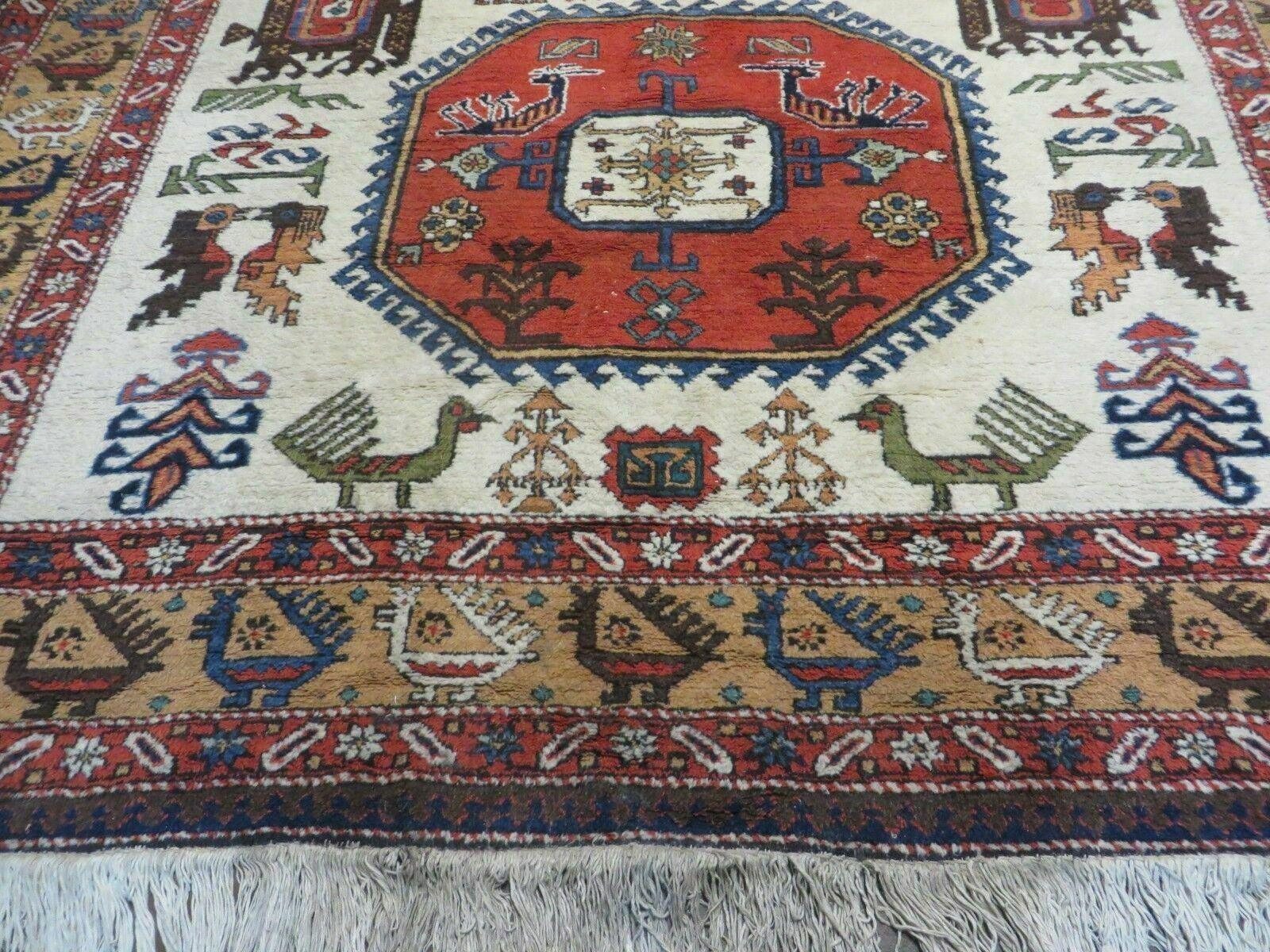 7' X 10' Vintage Handmade Knotted Turkish Wool Rug Birds Animal Ivory Organic - Jewel Rugs