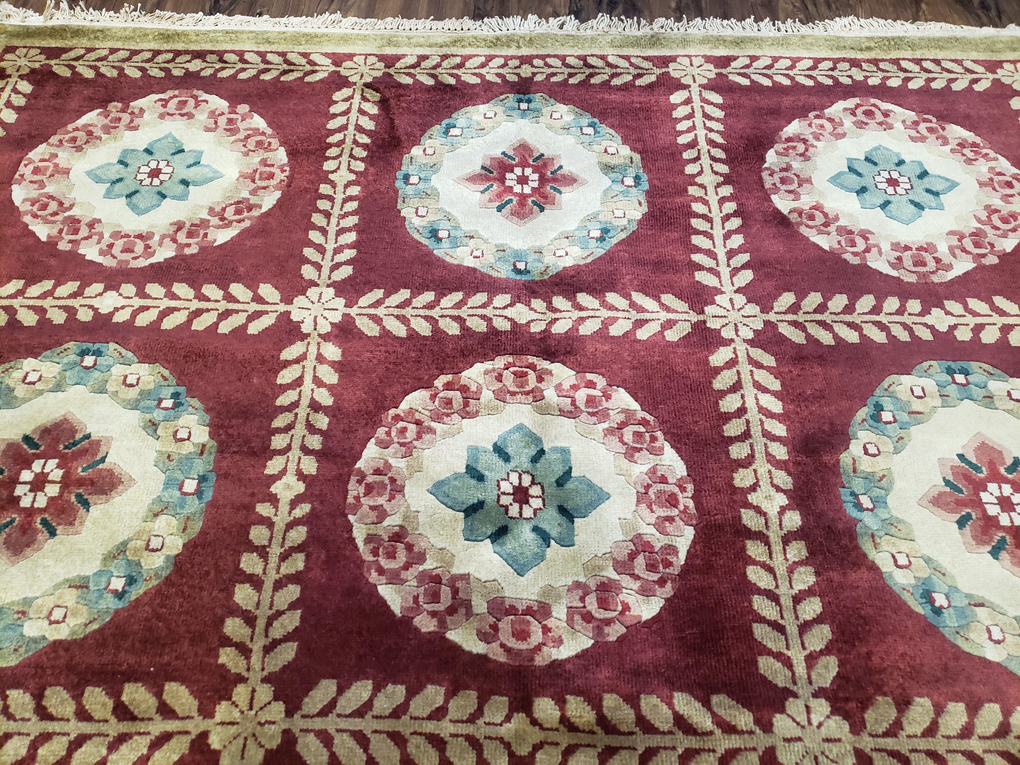 Nepalese Aubusson Panel Rug 6x9, Red & Ivory Soft Plush Tibetan Pile Rug, Wool Hand-Knotted Carpet, 6 x 9 Elegant Area Rug, Office Room Rug - Jewel Rugs