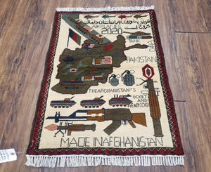 Afghan War Rug 2 x 2.7, Afghanistan Collectible War Carpet, Tanks Guns Airplanes Army 2020, Handmade Wool Pictorial Rug, Tribal Rug, 2x3 - Jewel Rugs