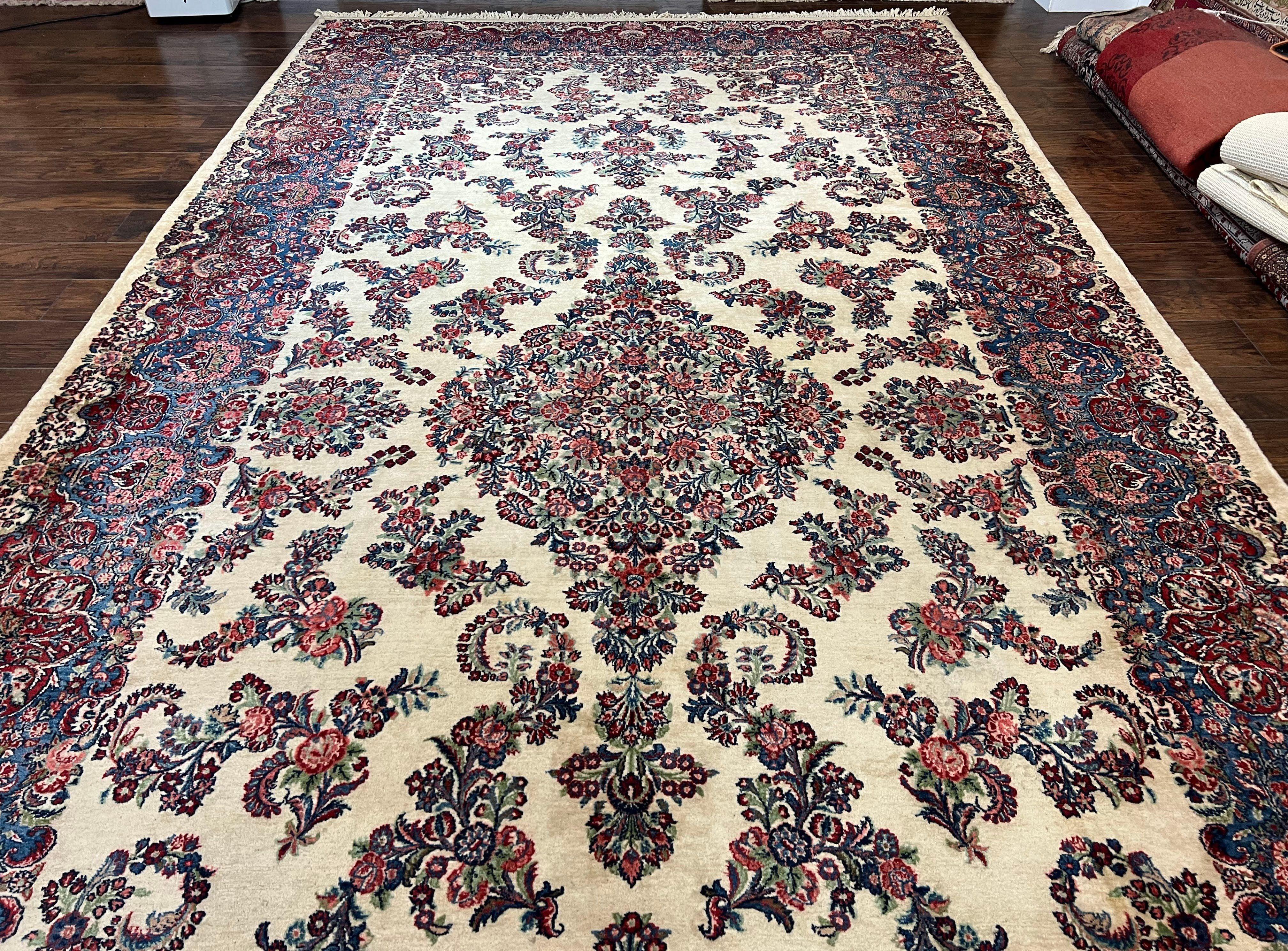 Beautiful Oversized Persian Kirman Rug 9x18 ft, Palace Sized Wool Handmade Oriental Carpet 9 x 18, Ivory Cream Dark Red Blue, 1940s Vintage Floral - Jewel Rugs