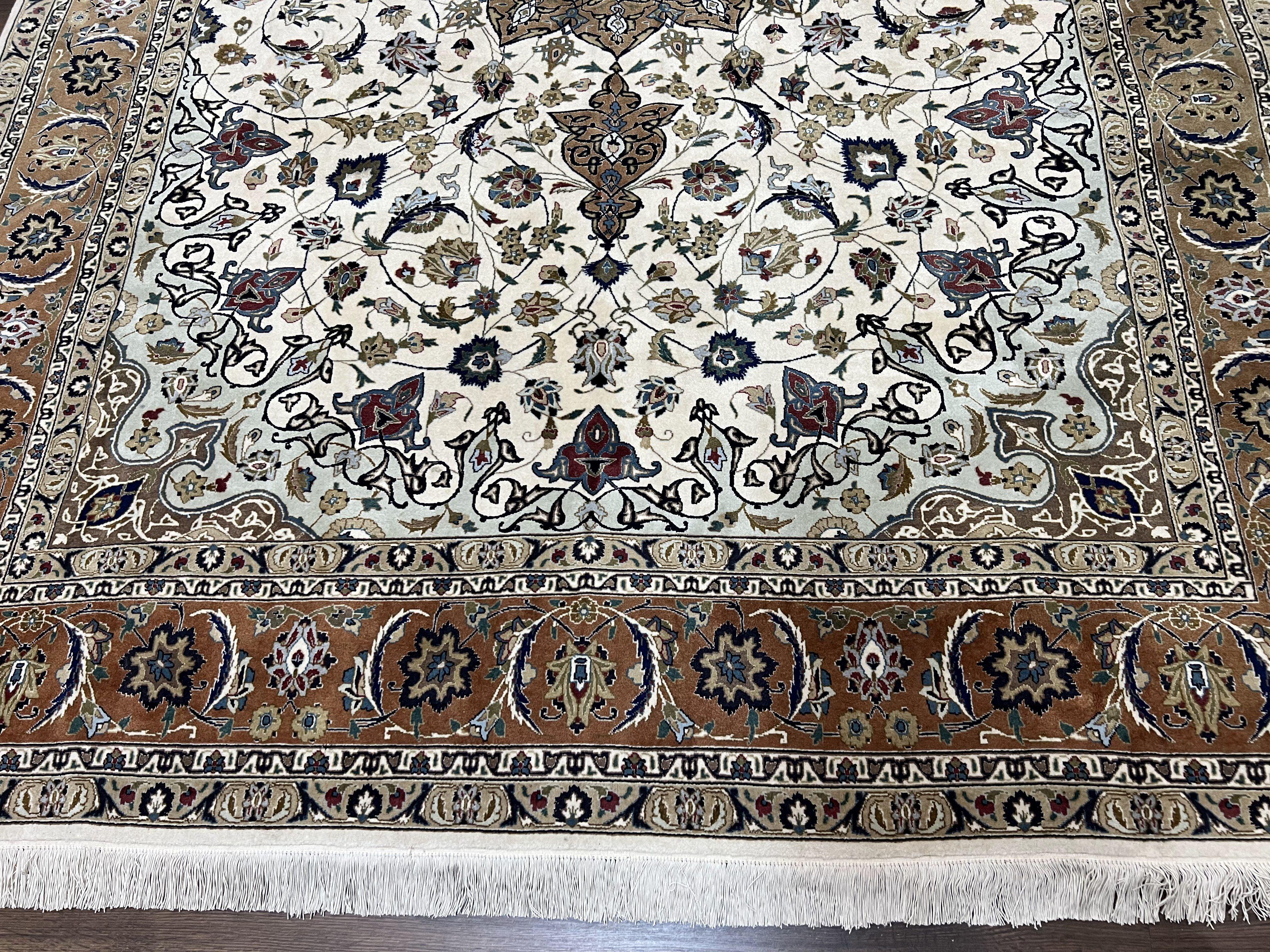 Wonderful Persian Rug 7x10, Floral Medallion, Very Fine Persian Tabriz Oriental Carpet, Vintage, Ivory/Cream, Hand Knotted Rug, Room Sized Rug, Traditional - Jewel Rugs