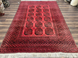 Afghan Turkoman Rug 7x10, Vintage Yamud Beshir Bokhara Carpet, Red and Black Bukhara Hand-Knotted Oriental Wool Handmade Rug, Elephant Foot - Jewel Rugs